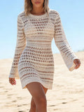 Crochet Knit Long Sleeve Cover Up Dress With Openwork Design - Southern Shores Clothing