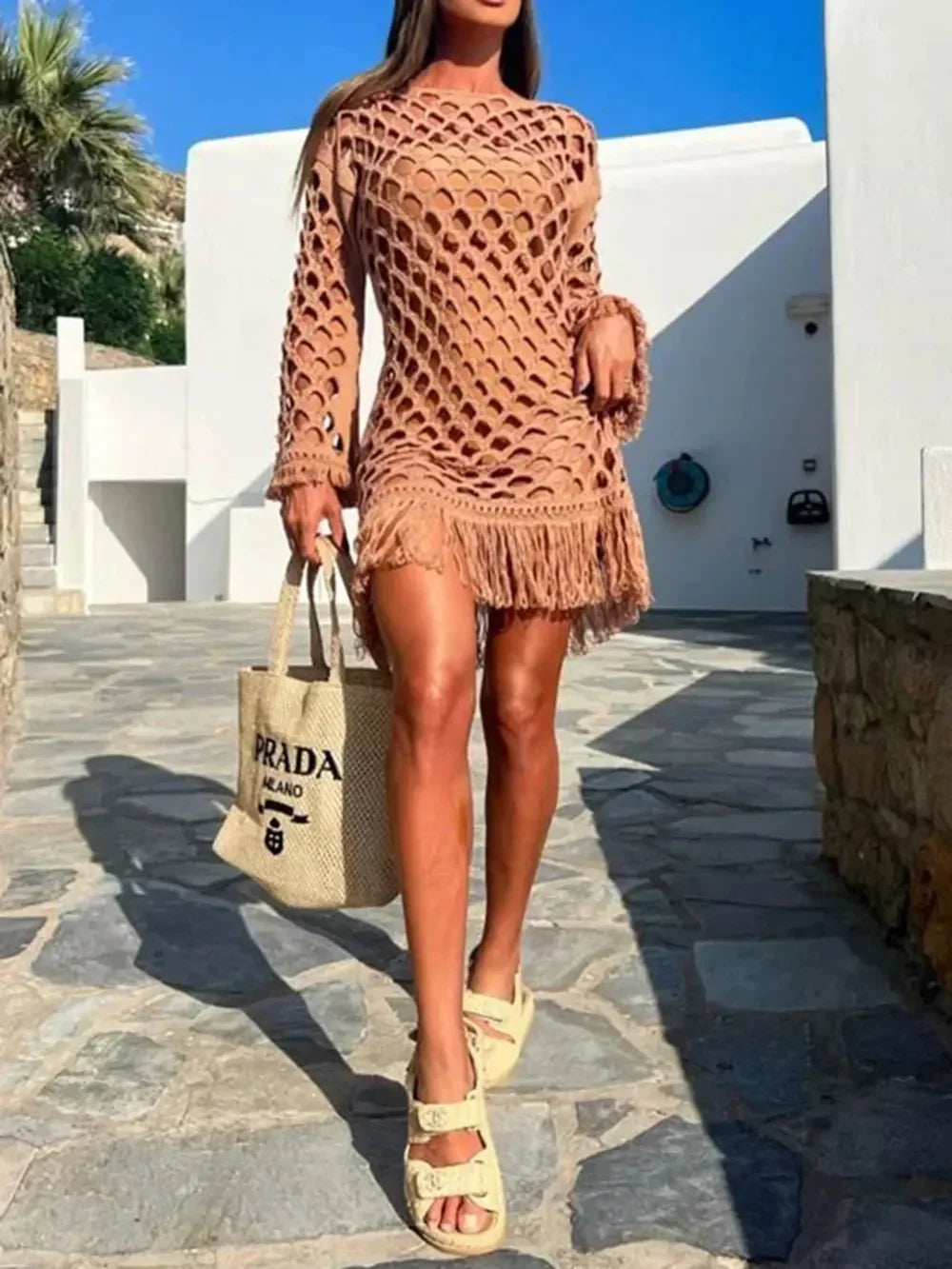 Chic Fringe Cutout Long Sleeve Swim Cover Up - Southern Shores Clothing