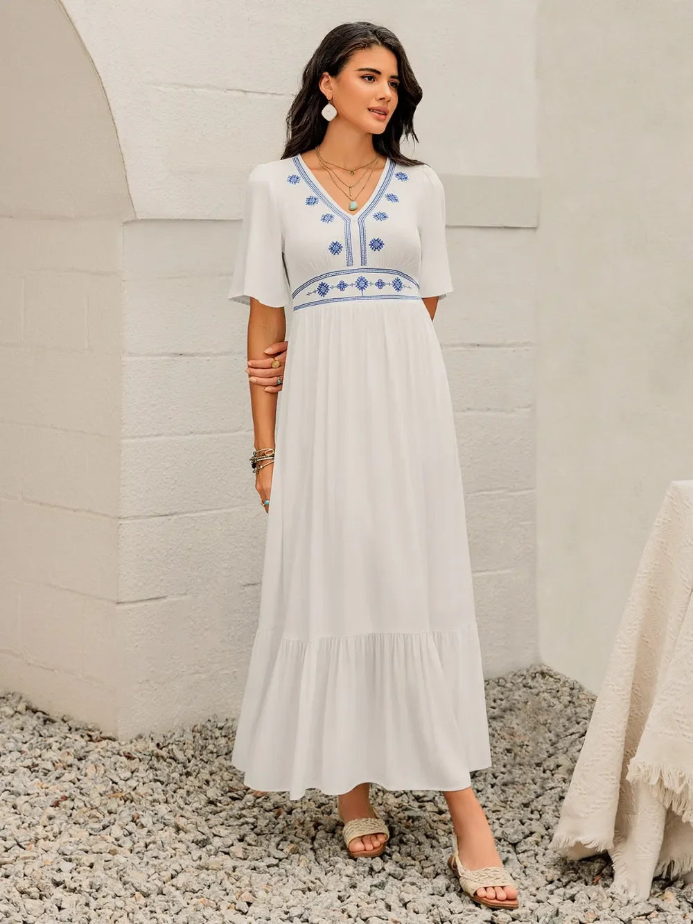 Ruffled Hem V Neck Flutter Sleeve Dress With Embroidered Trim - Southern Shores Clothing