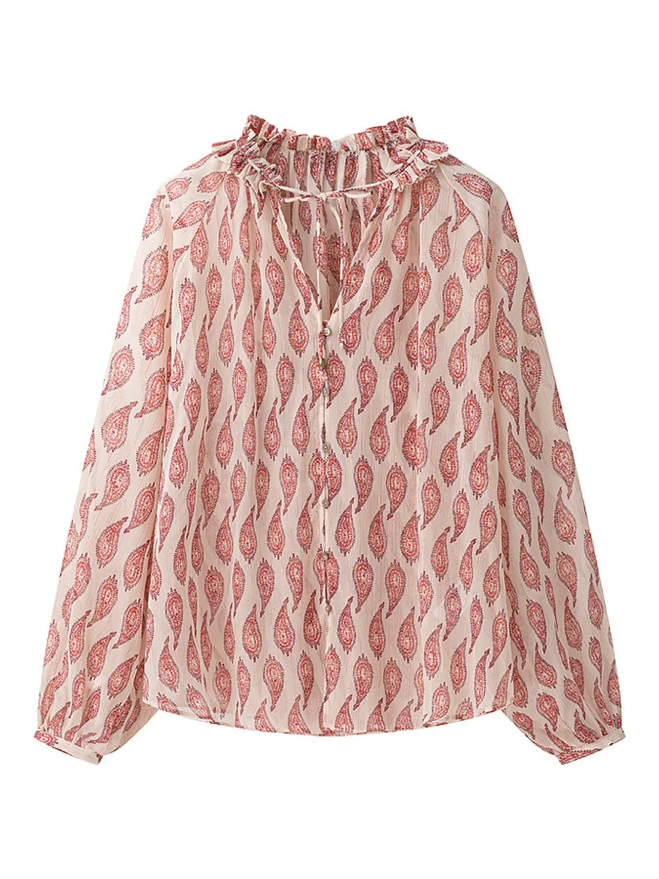 Paisley Print Frill Tie Neck Long Sleeve Blouse Elegant Style - Southern Shores Clothing