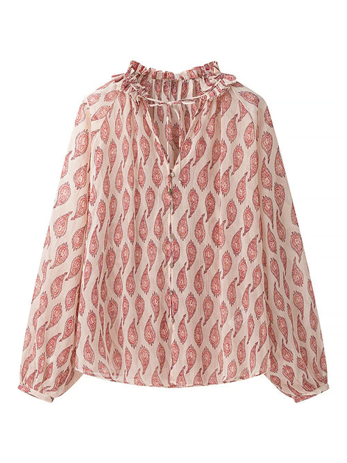 Paisley Print Frill Tie Neck Long Sleeve Blouse Elegant Style - Southern Shores Clothing