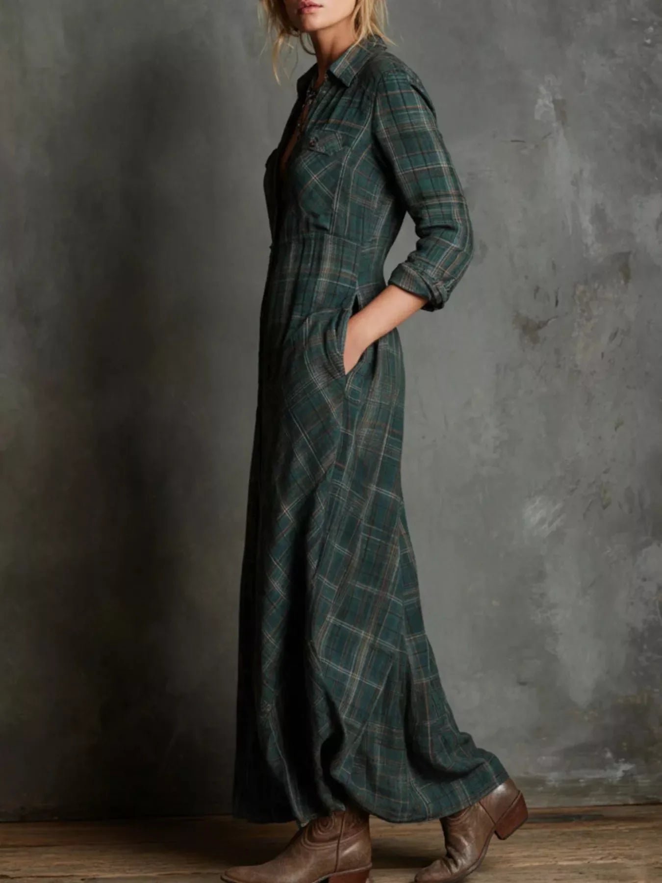 Plaid Button-Down Maxi Dress With Pockets Plus Size - Southern Shores Clothing