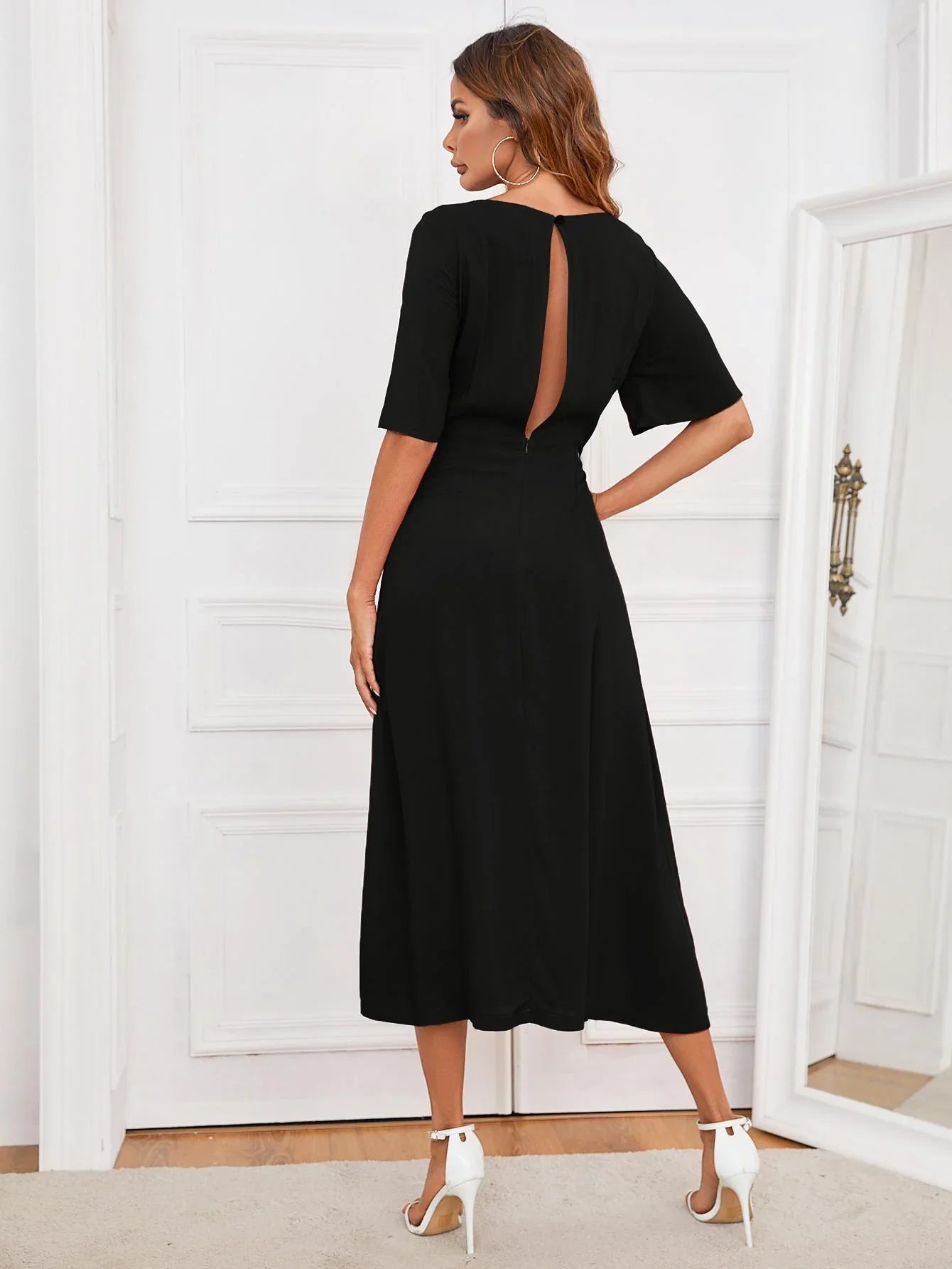 Round Neck Cutout Half Sleeve Midi Dress - Southern Shores Clothing