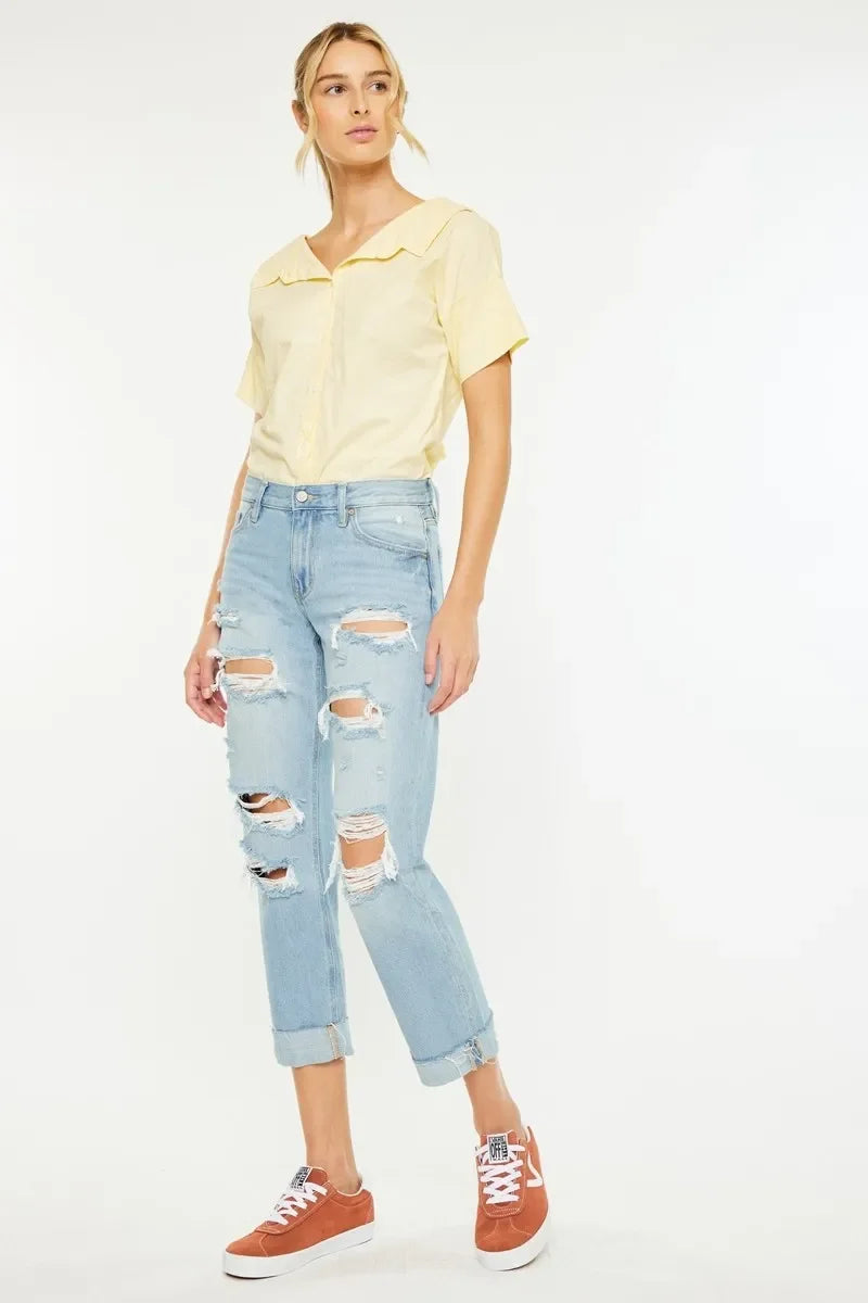 Coastal Distressed Mid Rise Relaxed Boyfriend Jeans