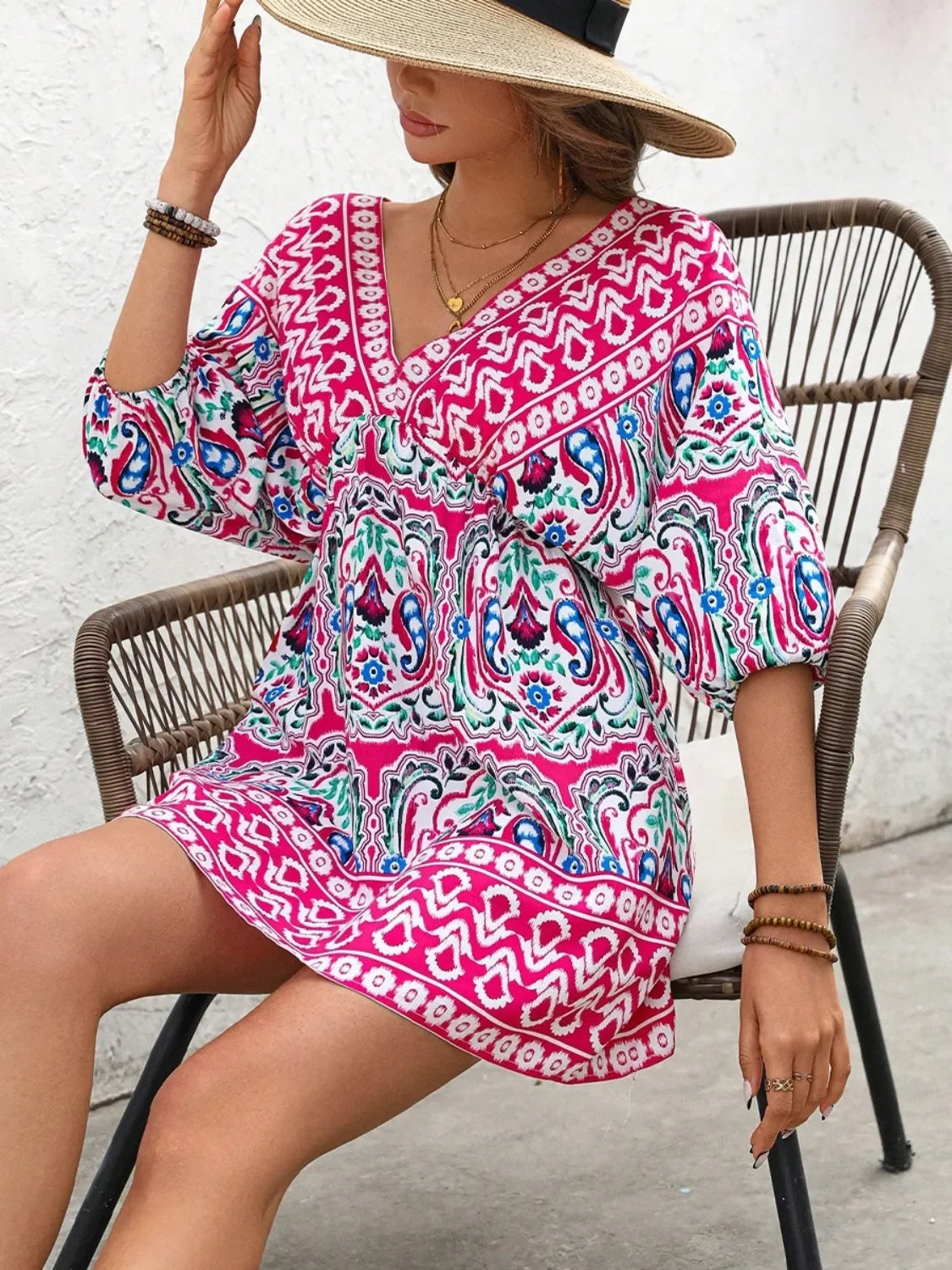 Printed Tie-Back Half-Sleeve Mini Dress Pattern V-Neck Boho - Southern Shores Clothing