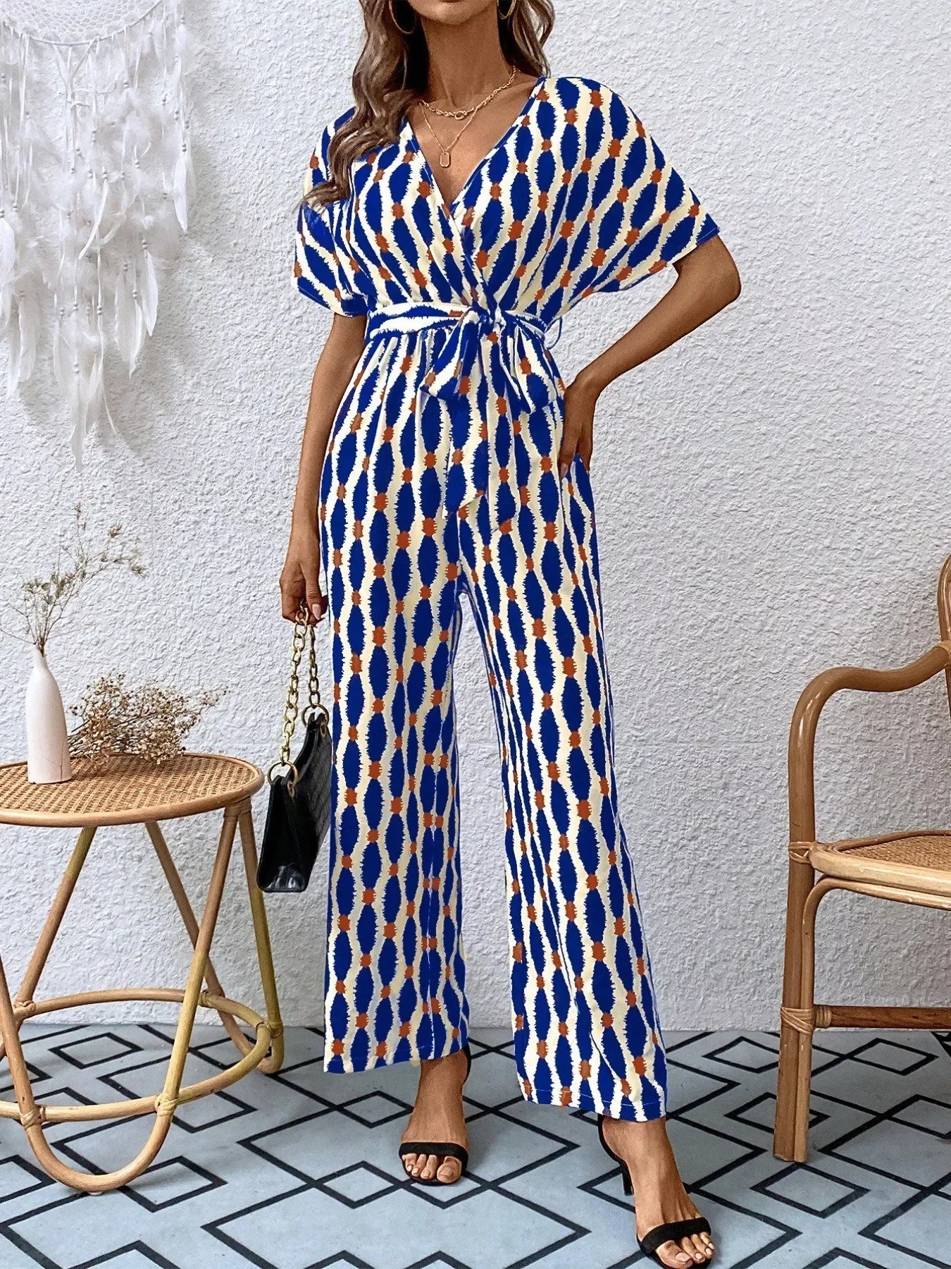 Printed Surplice Tie Waist Short Sleeve Jumpsuit - Southern Shores Clothing