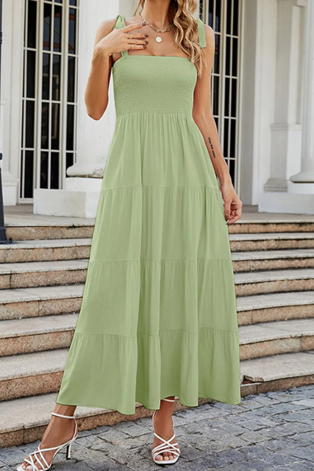 Tie Shoulder Smocked Tiered Maxi Dress Casual - Southern Shores Clothing