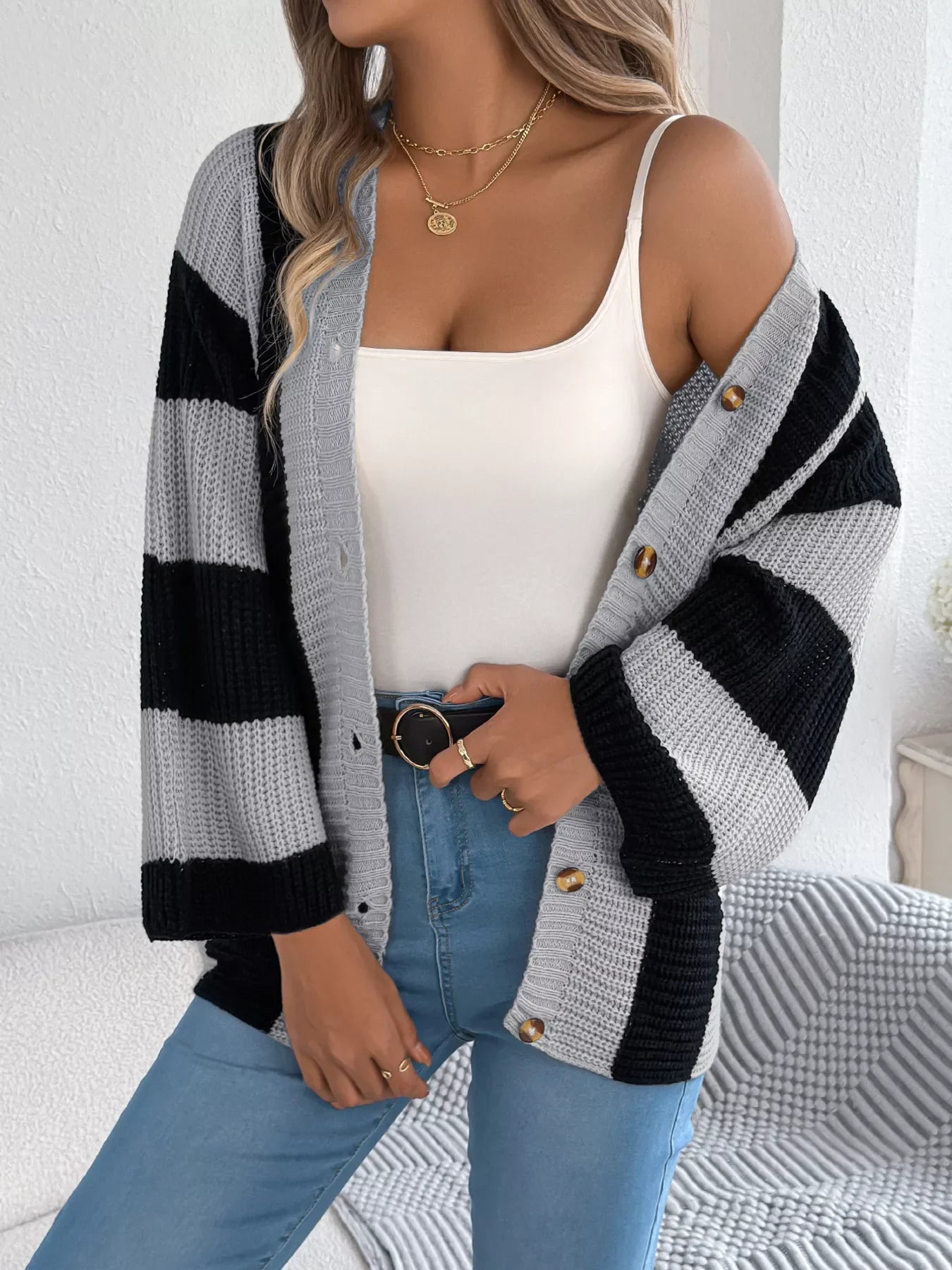 Block Pattern Button-Up Cardigan With Slight Stretch - Southern Shores Clothing