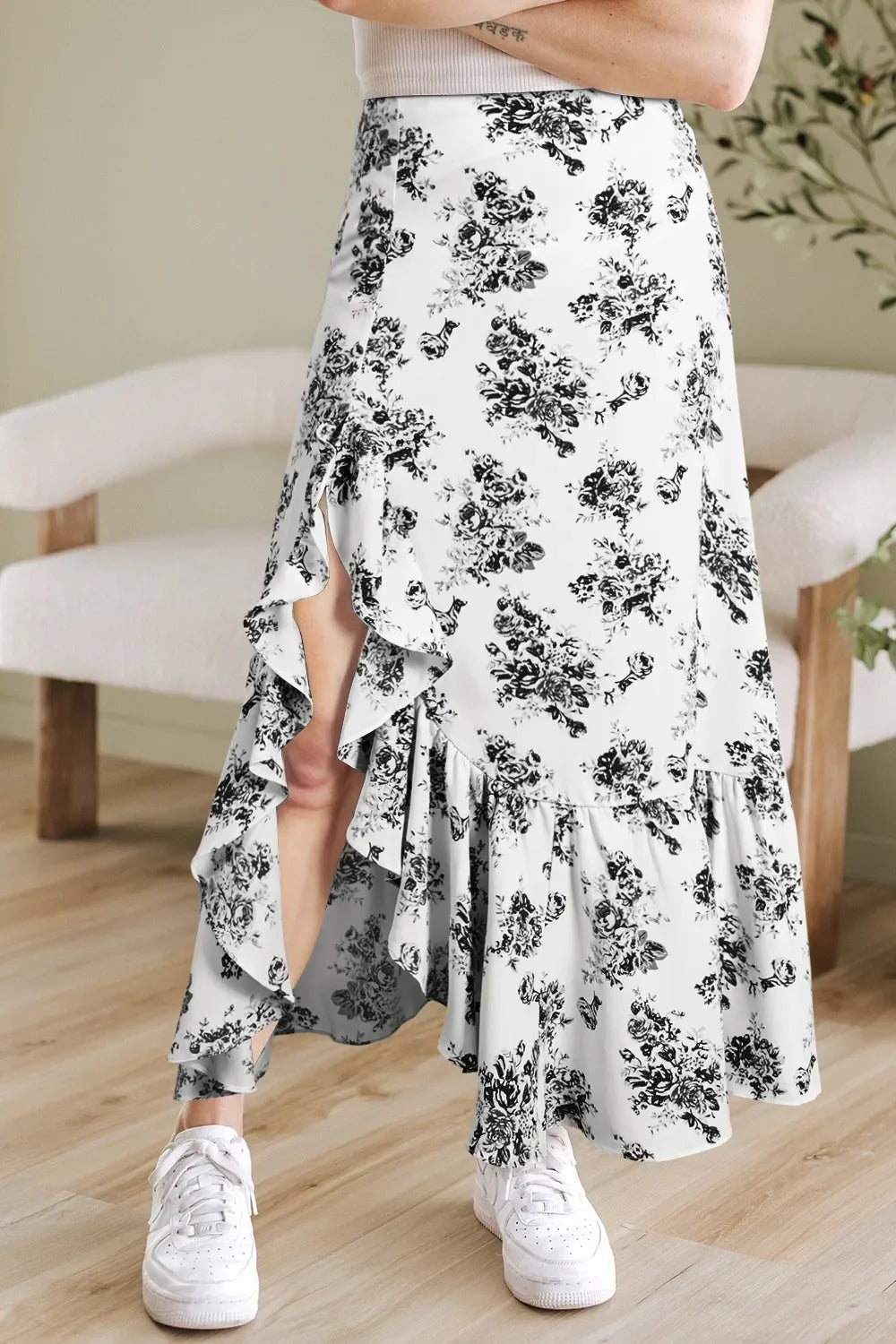 Boho Floral High Waist Ruffle Split Maxi Skirt - Southern Shores Clothing