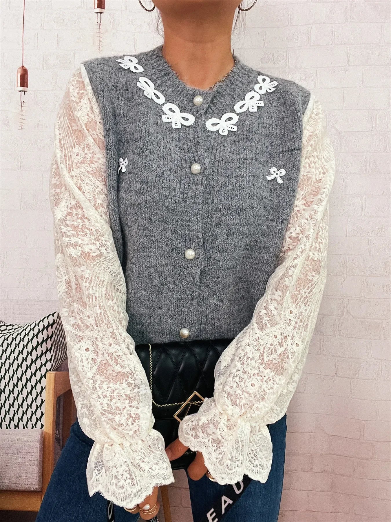 Lace Sleeve Button-Up Cardigan With Ruffled Detail - Southern Shores Clothing