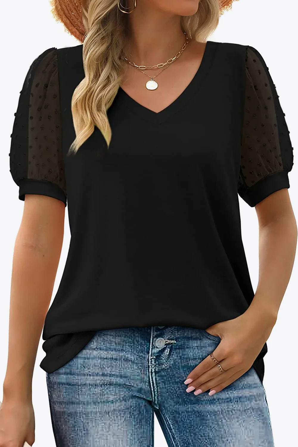 Swiss Dot Puff Sleeve V-Neck Tee With Dot Detailing - Southern Shores Clothing