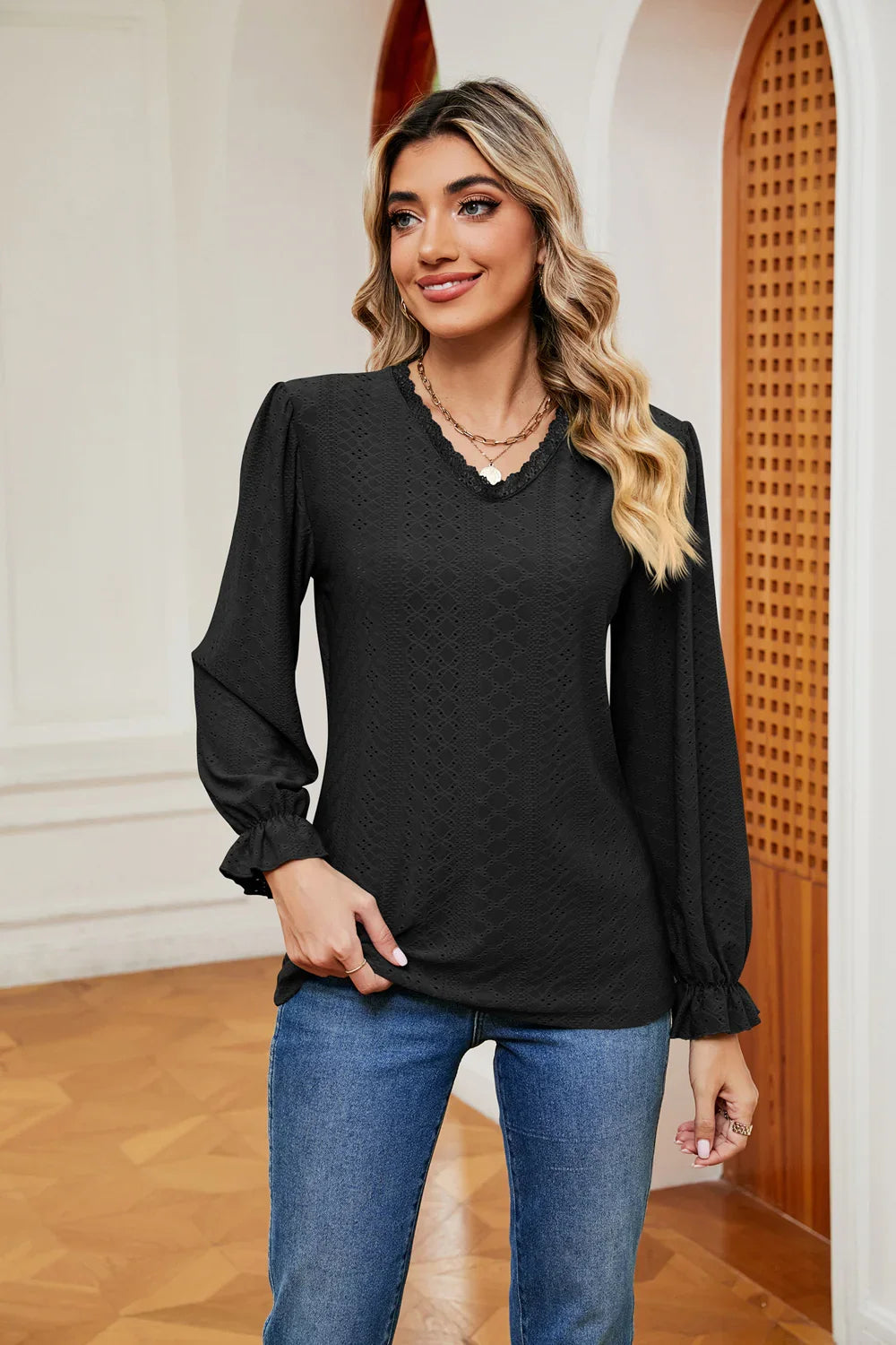 Southern Shores V-Neck Flounce Sleeve Lace Blouse In Stretch Rayon Blend Fabric For Versatile Wear - Southern Shores Clothing