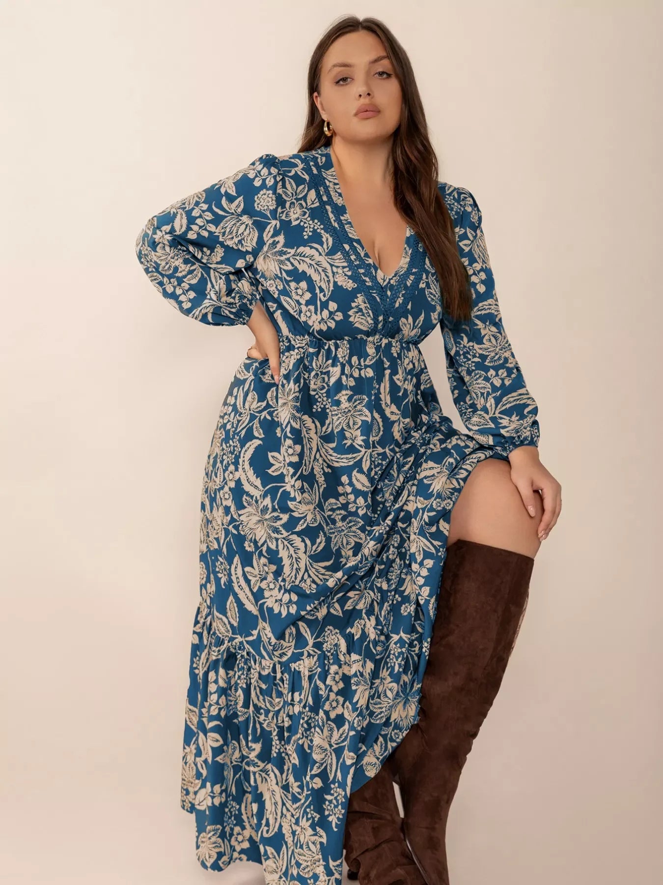 Plus Size Boho Floral Print Long Sleeve Maxi Dress - Southern Shores Clothing