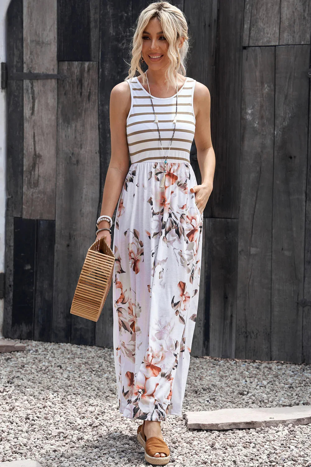 Striped Floral Round Neck Sleeveless Maxi Dress - Southern Shores Clothing
