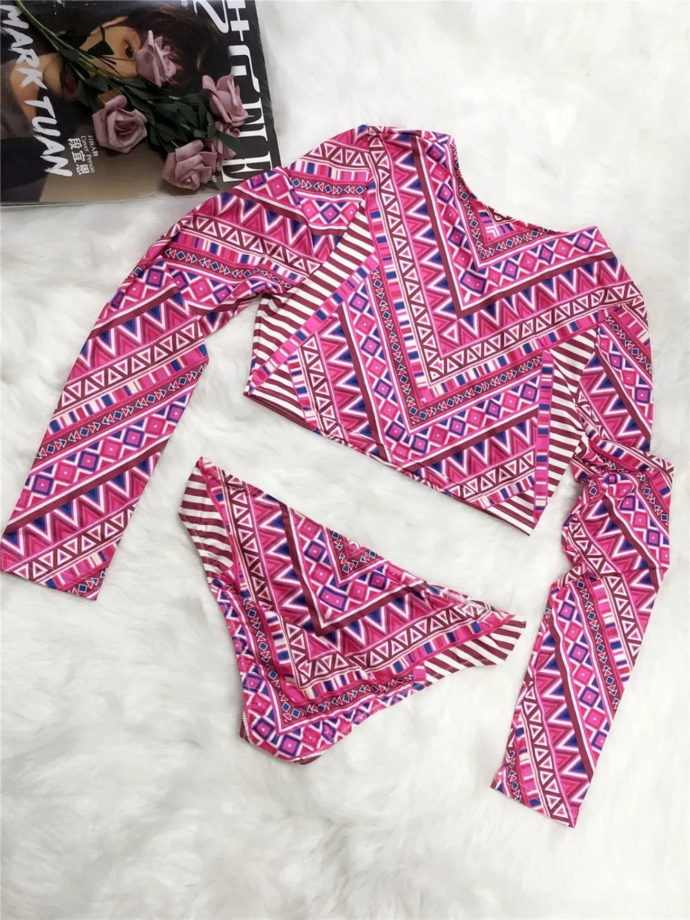 Geometric Print Long Sleeve Swim Top And Two-Piece Brief Set - Southern Shores Clothing