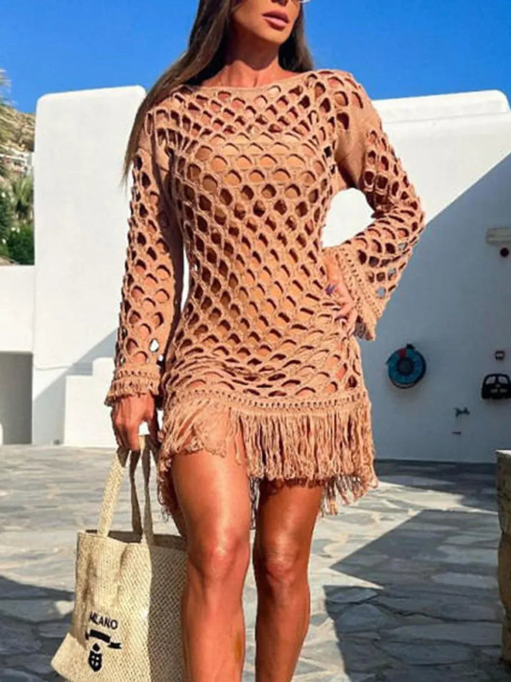 Chic Fringe Cutout Long Sleeve Swim Cover Up - Southern Shores Clothing