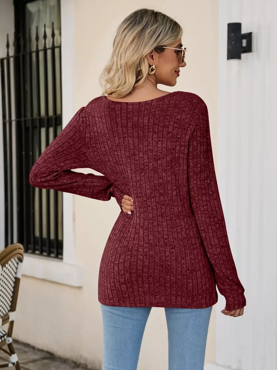 Ribbed Square Neck Long Sleeve Stretch T Shirt - Southern Shores Clothing