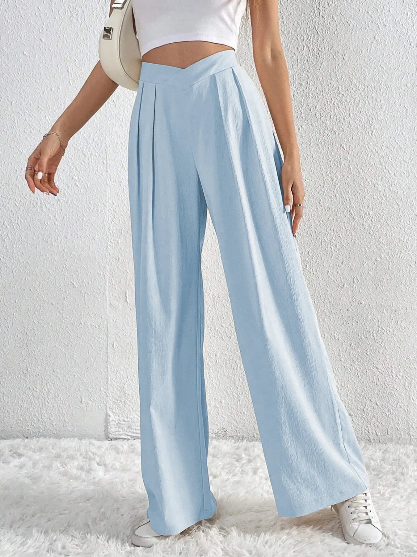 V-Waisted Ruched Front Flowing Wide Leg Pants Casual Wear - Southern Shores Clothing