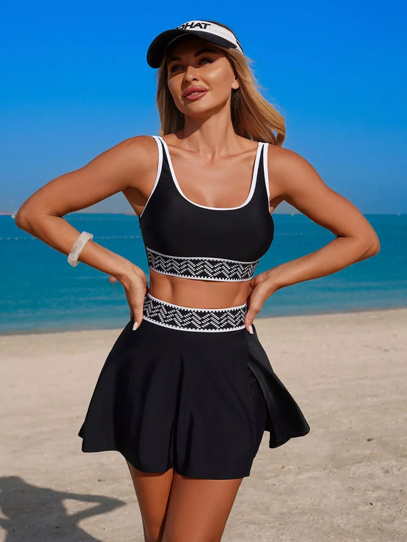 Two Piece Contrast Trim Tank And Skort Swim Set With Pads - Southern Shores Clothing