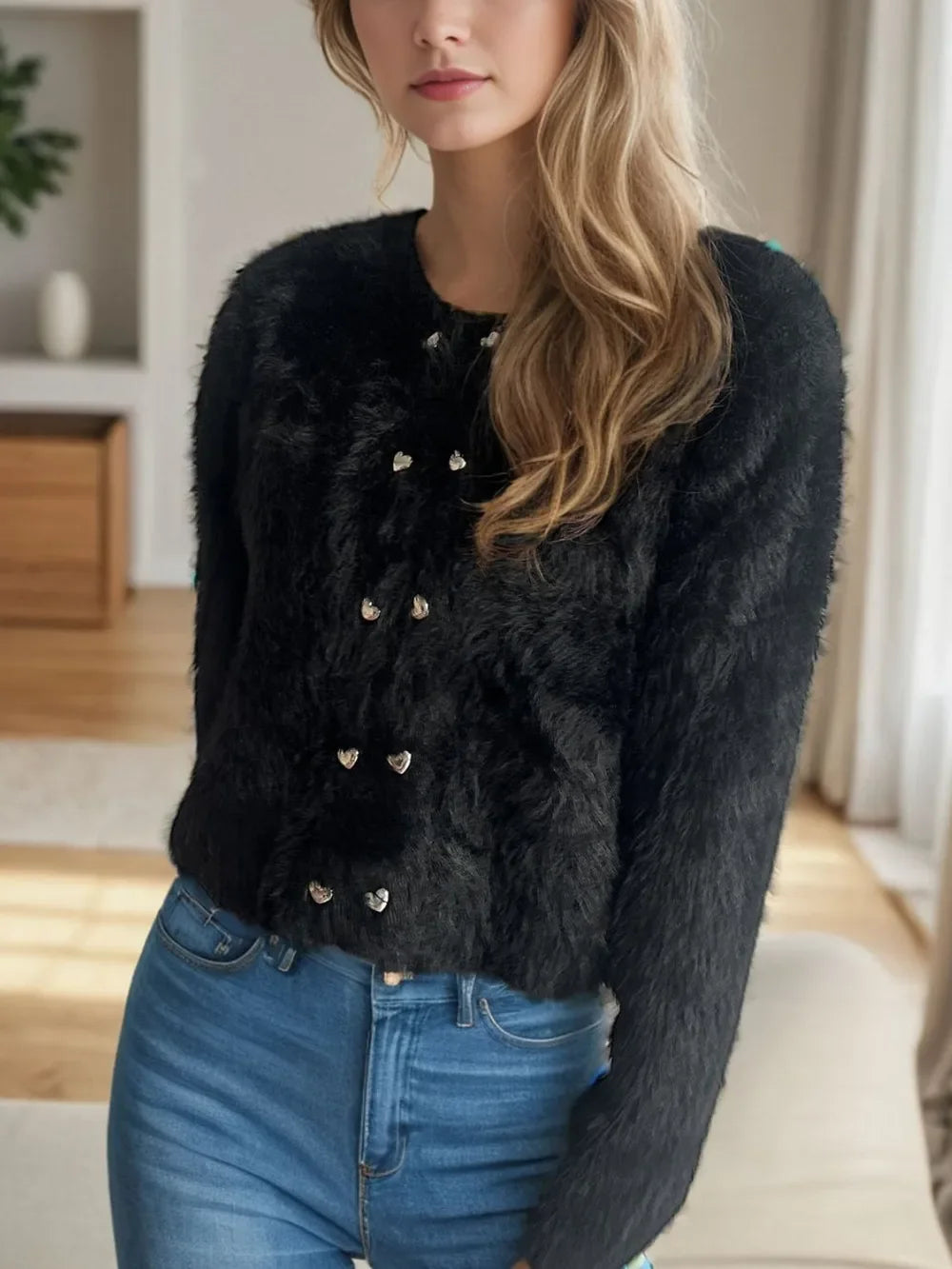 Heart Button Round Neck Cardigan With Stretch Knit - Southern Shores Clothing