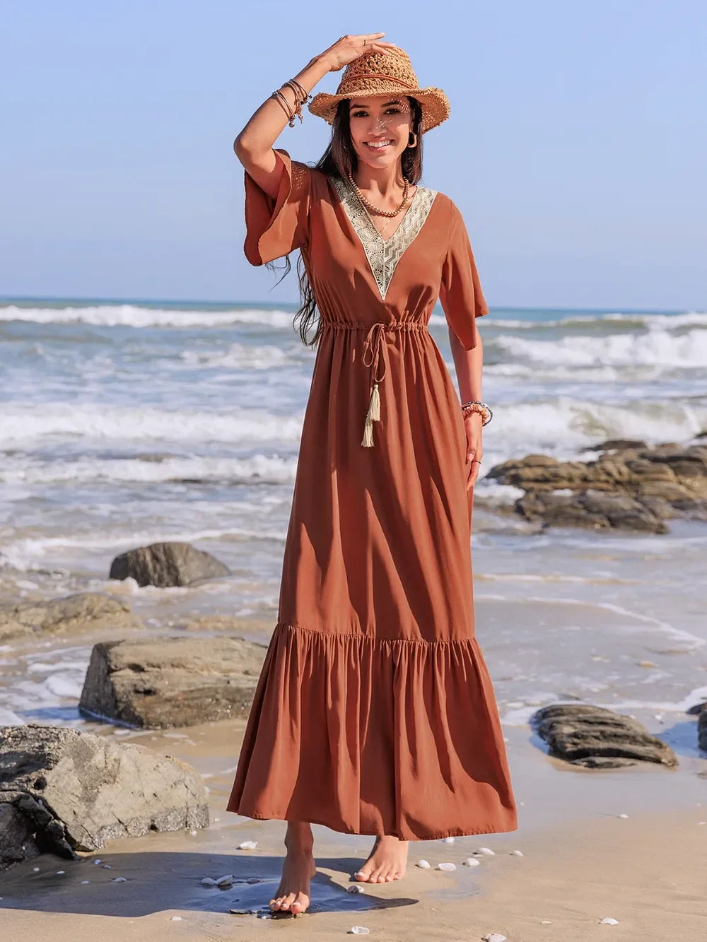 Ruffled Tassel V-Neck Flutter Sleeve Dress With Lace Trim - Southern Shores Clothing