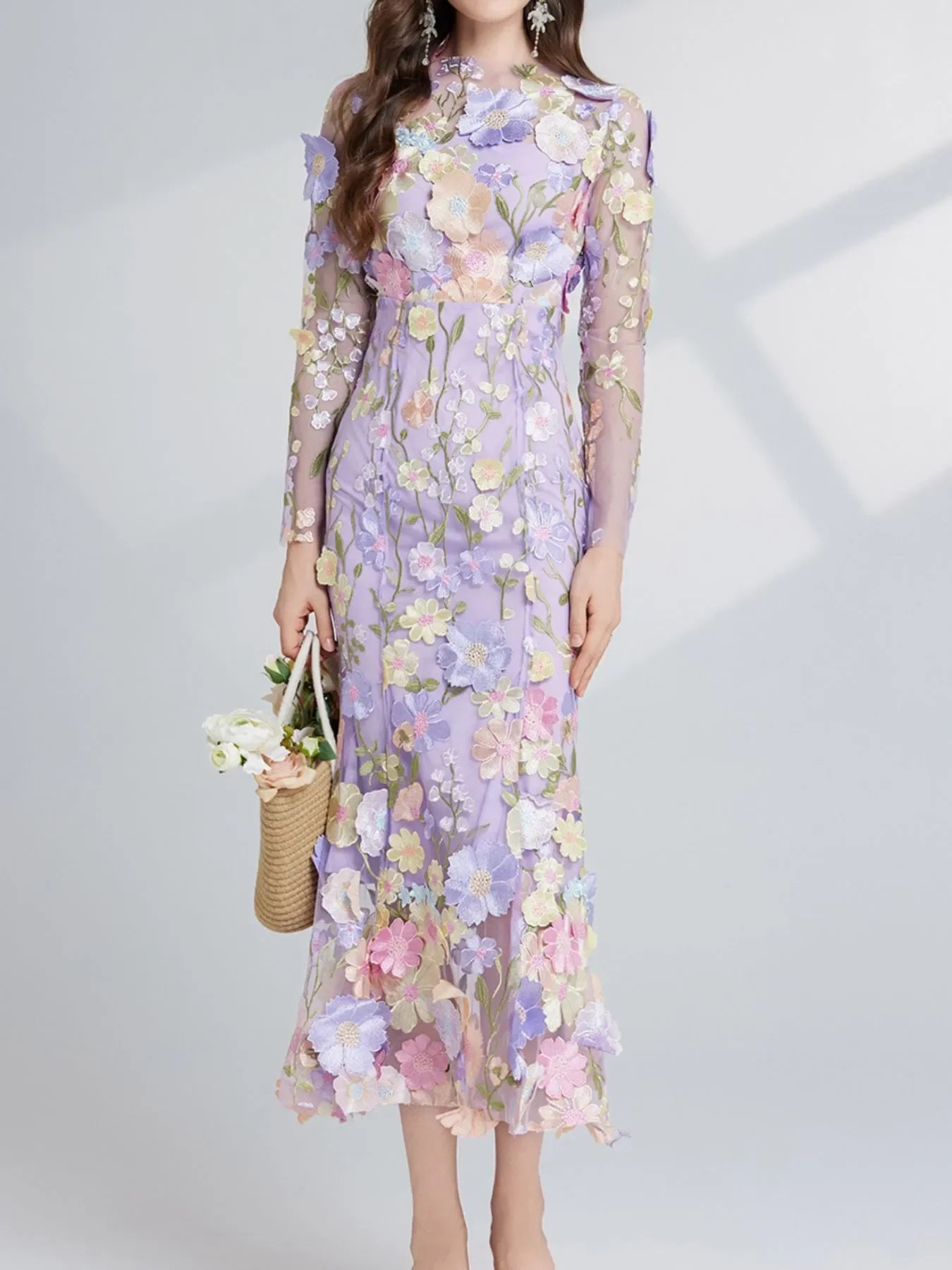 Floral Embroidered Magnolia Mesh Long Sleeve Midi Dress - Southern Shores Clothing