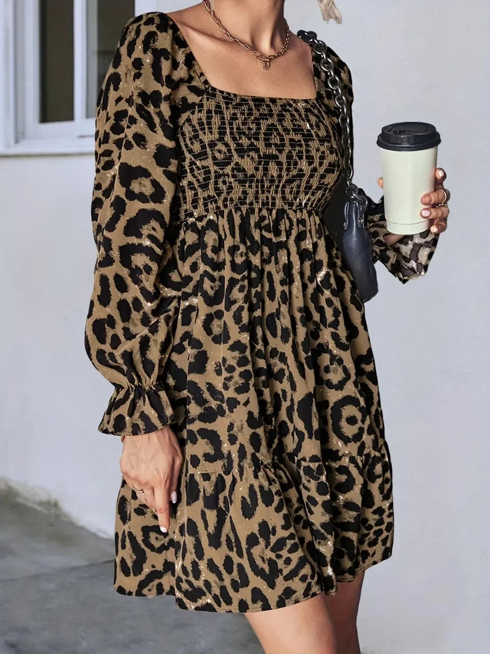 Leopard Smocked Flounce Sleeve Mini Dress - Southern Shores Clothing