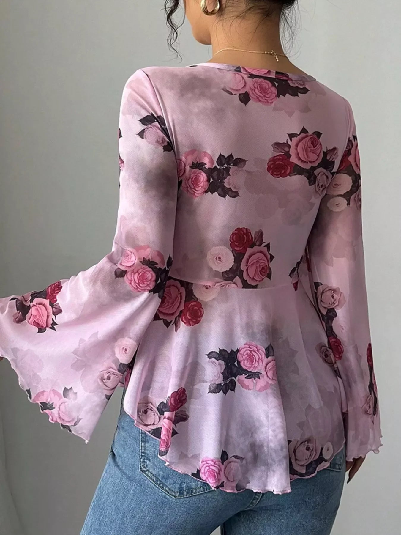 Floral Print Tie Front Flare Sleeve Blouse - Southern Shores Clothing
