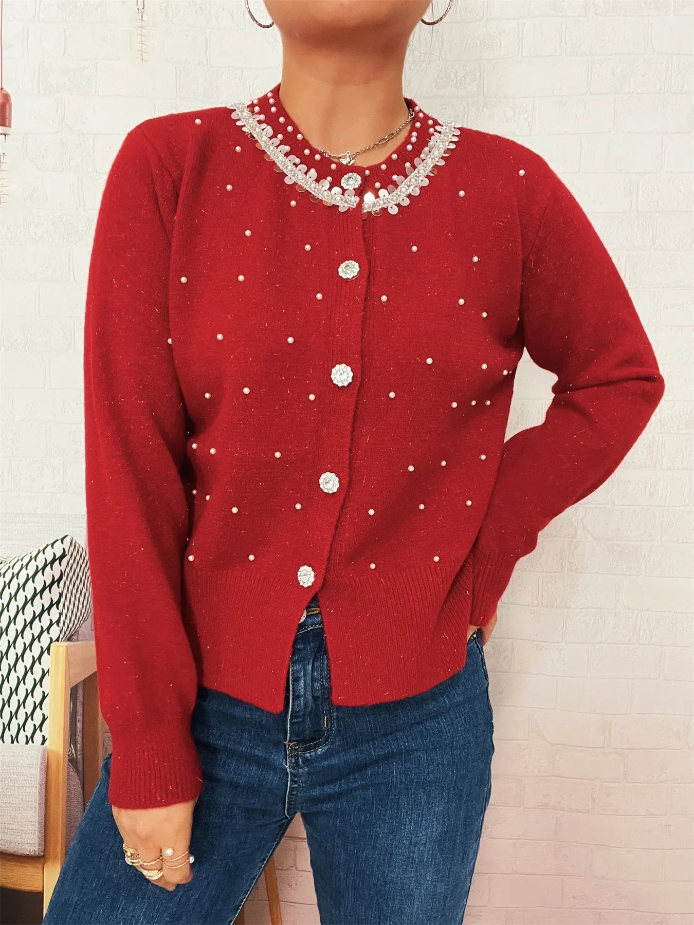 Pearl Detail Button-Front Cardigan