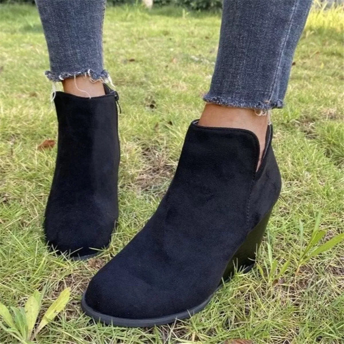 Suede Wedge Boots With Side Zipper Closure