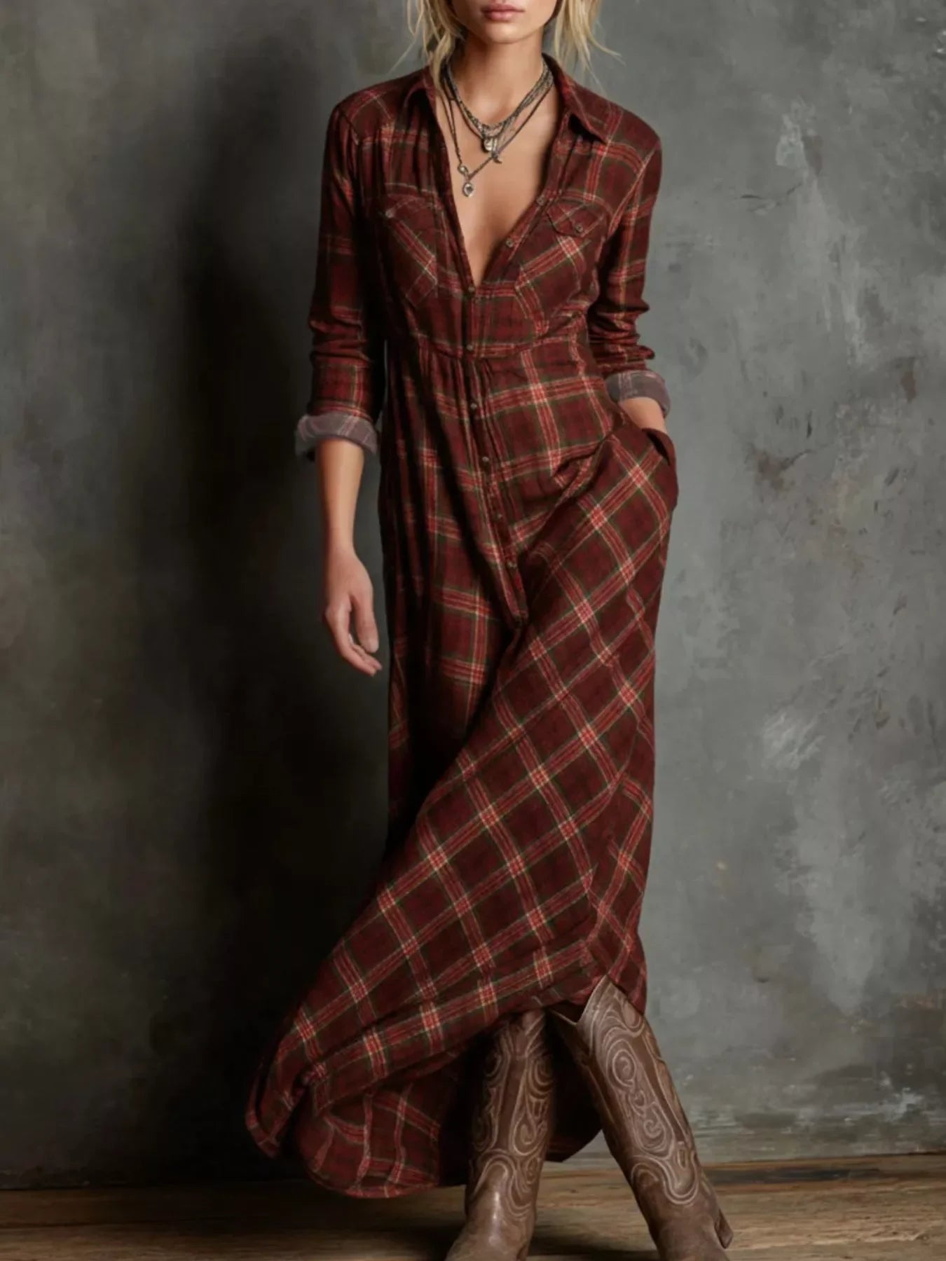 Plaid Button-Down Maxi Dress With Pockets Plus Size - Southern Shores Clothing