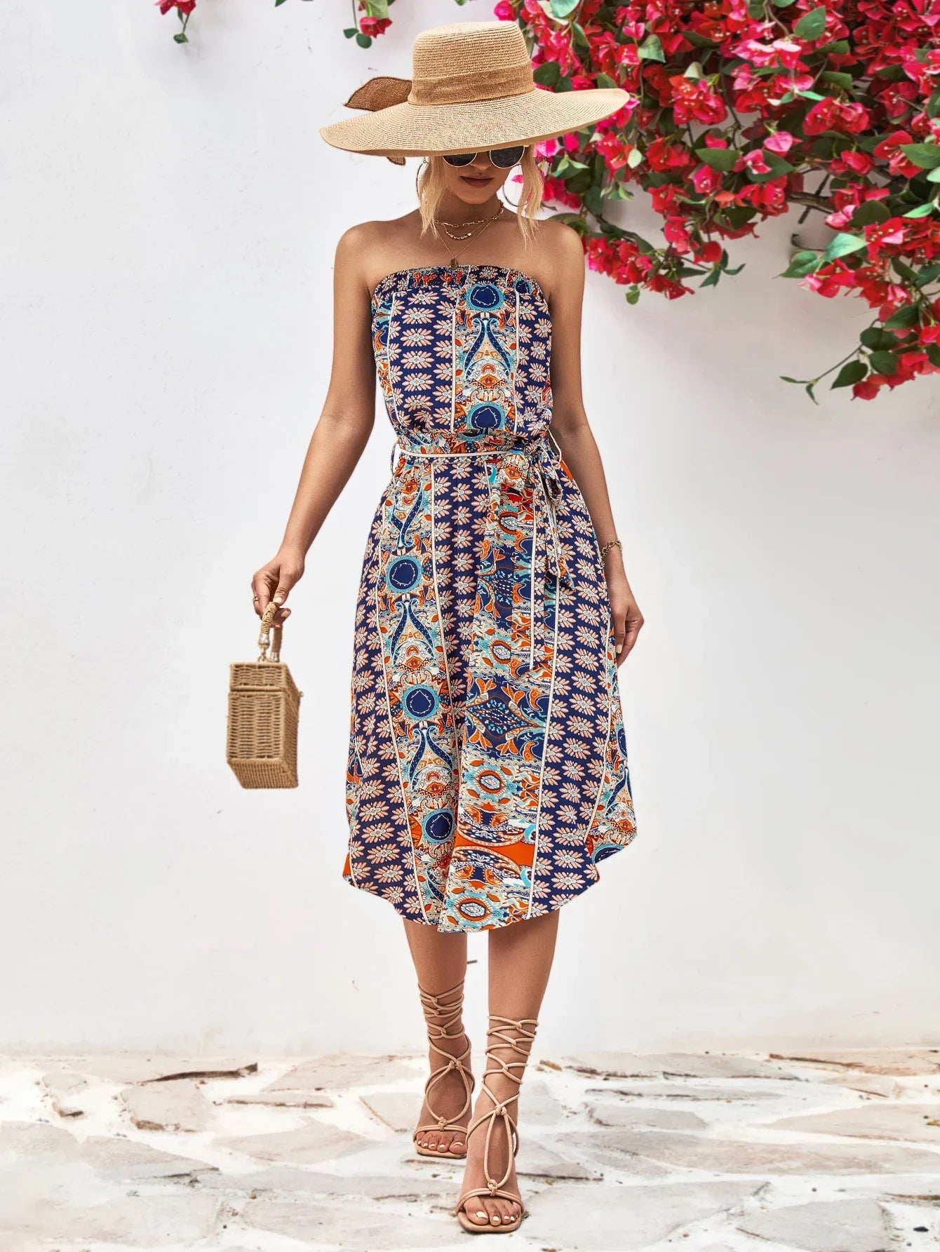 Printed Strapless Tie Belt Dress - Southern Shores Clothing