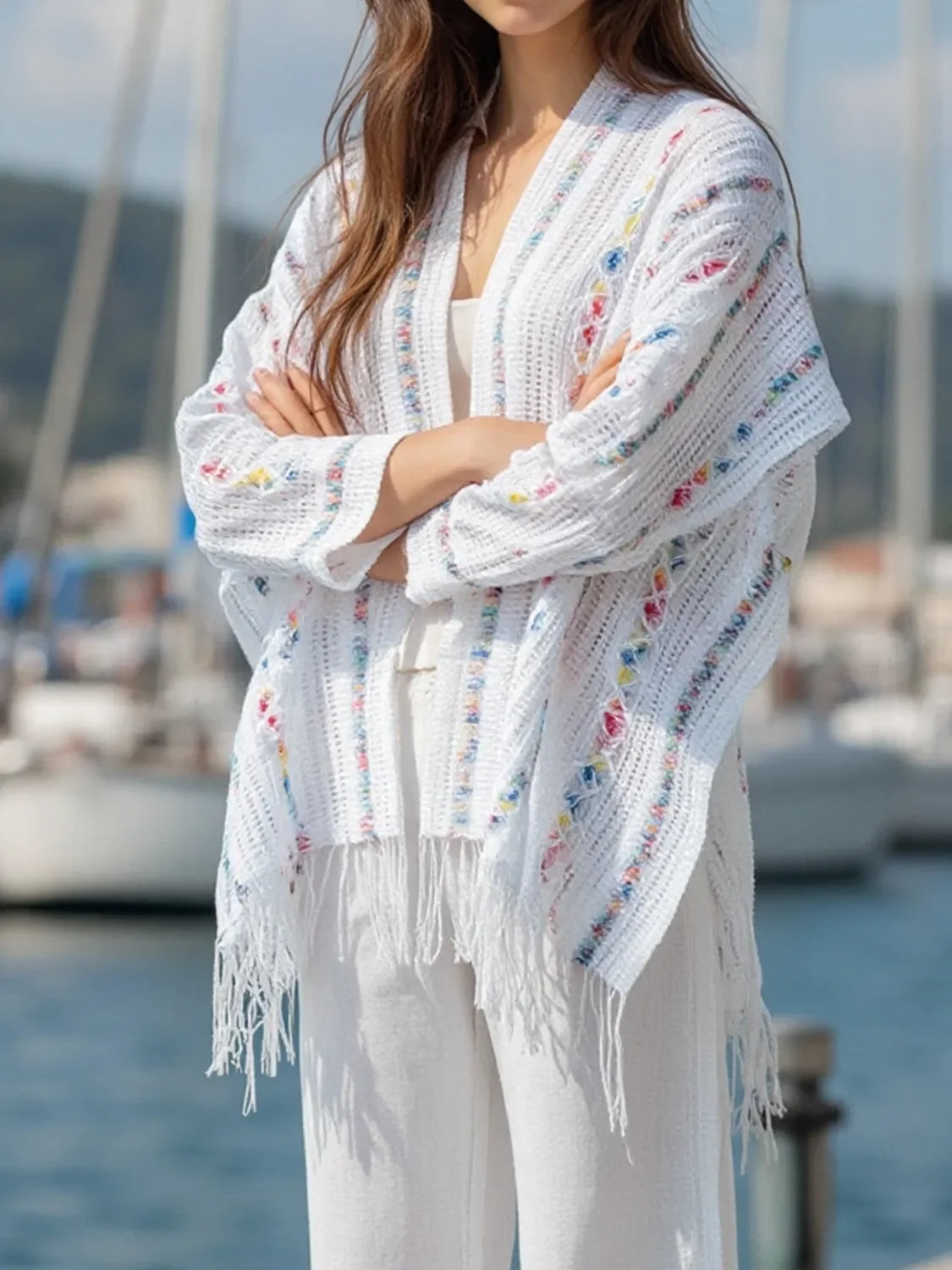 Openwork Fringe Knit Cape With Open Front For Casual Layering - Southern Shores Clothing