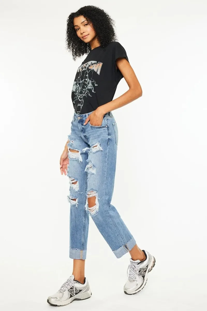 Mid Rise Distressed Boyfriend Jeans Denim - Southern Shores Clothing