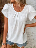 Eyelet Petal Sleeve Top With Pom Pom Trim And Stretch - Southern Shores Clothing