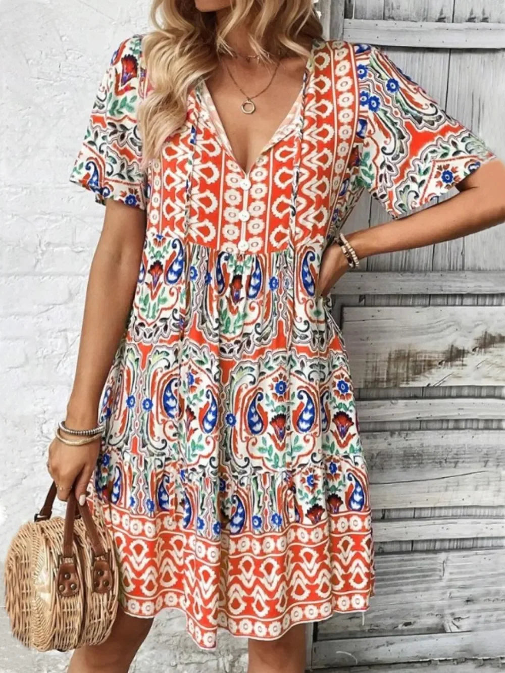 Printed Tie Neck Short Sleeve Dress With Paisley Print Pattern - Southern Shores Clothing