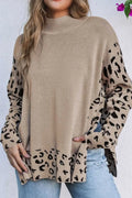 Slit Leopard Mock Neck Dropped Shoulder Sweater - Southern Shores Clothing