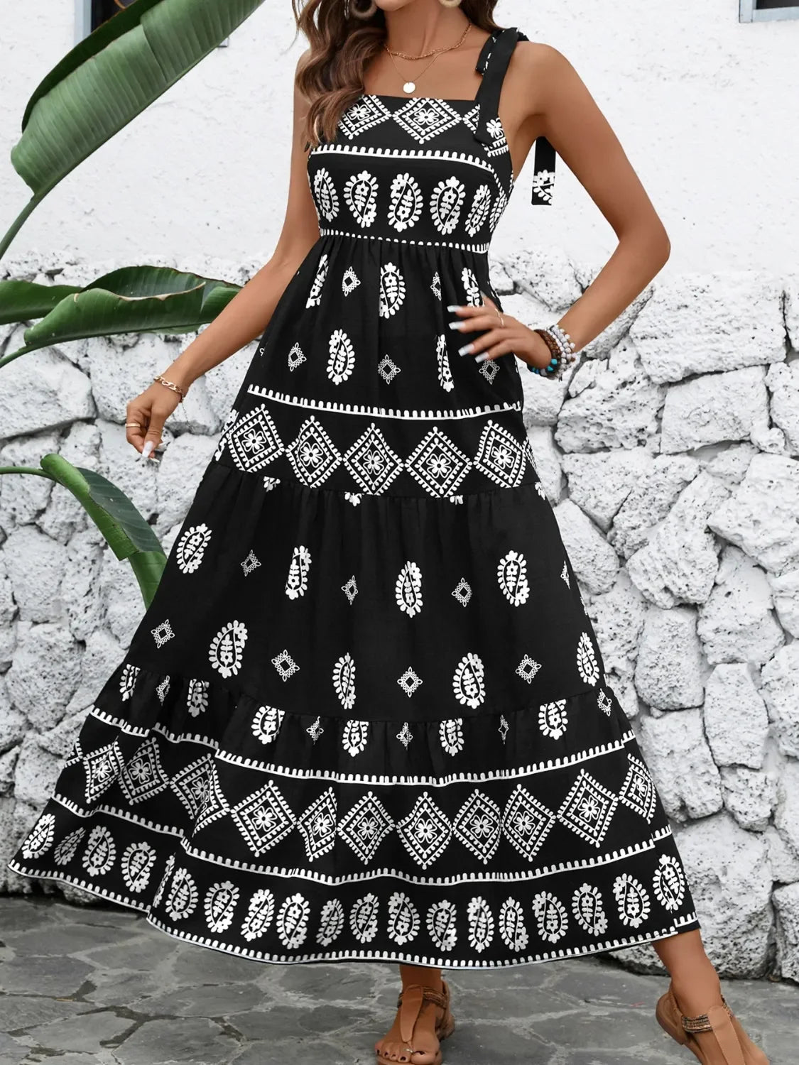 Printed Square Neck Maxi Cami Dress With Tiered Skirt Detail - Southern Shores Clothing