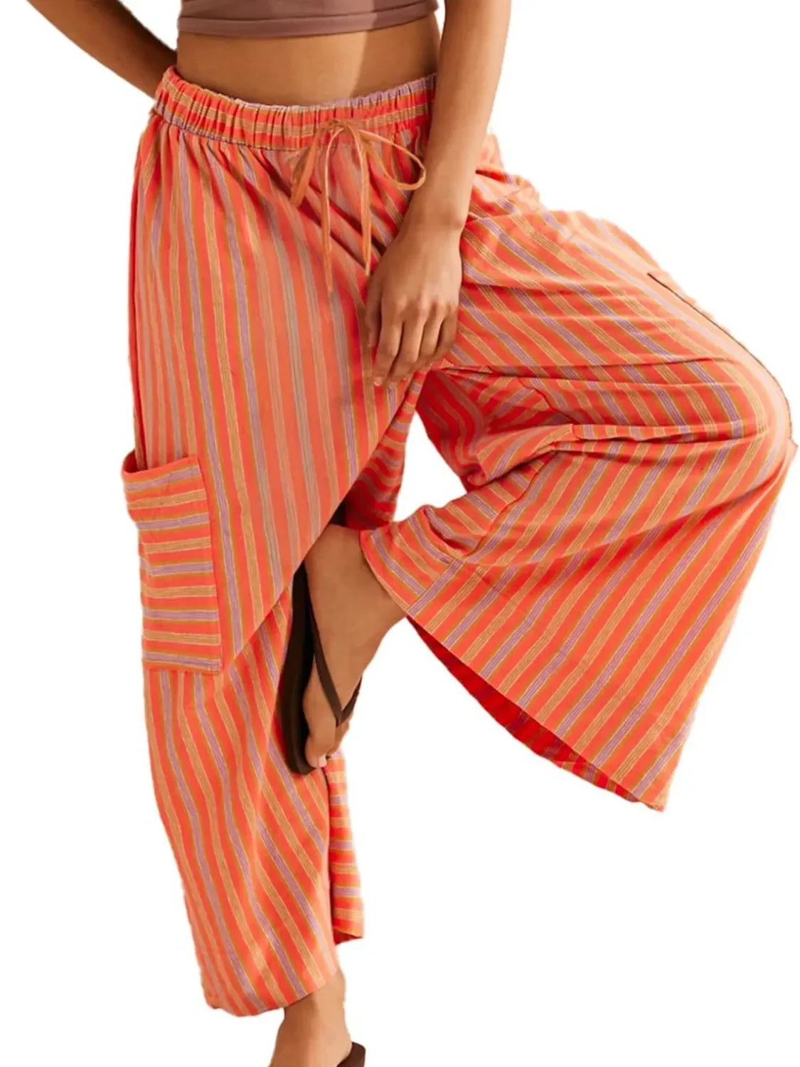 Wide Leg Contrast Striped Pants With Breathable Fabric - Southern Shores Clothing
