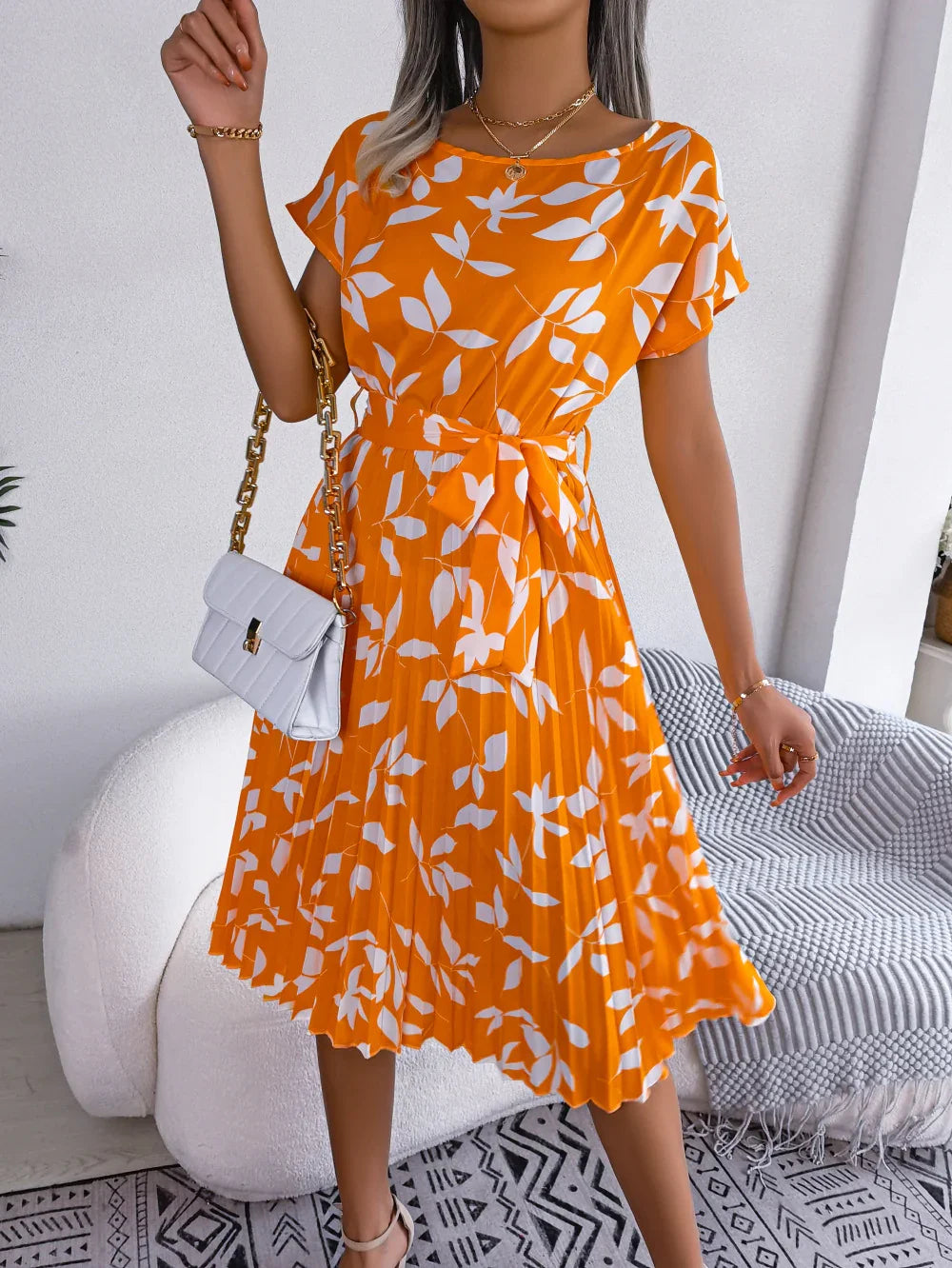 Printed Round Neck Short Sleeve Pleated Dress - Southern Shores Clothing