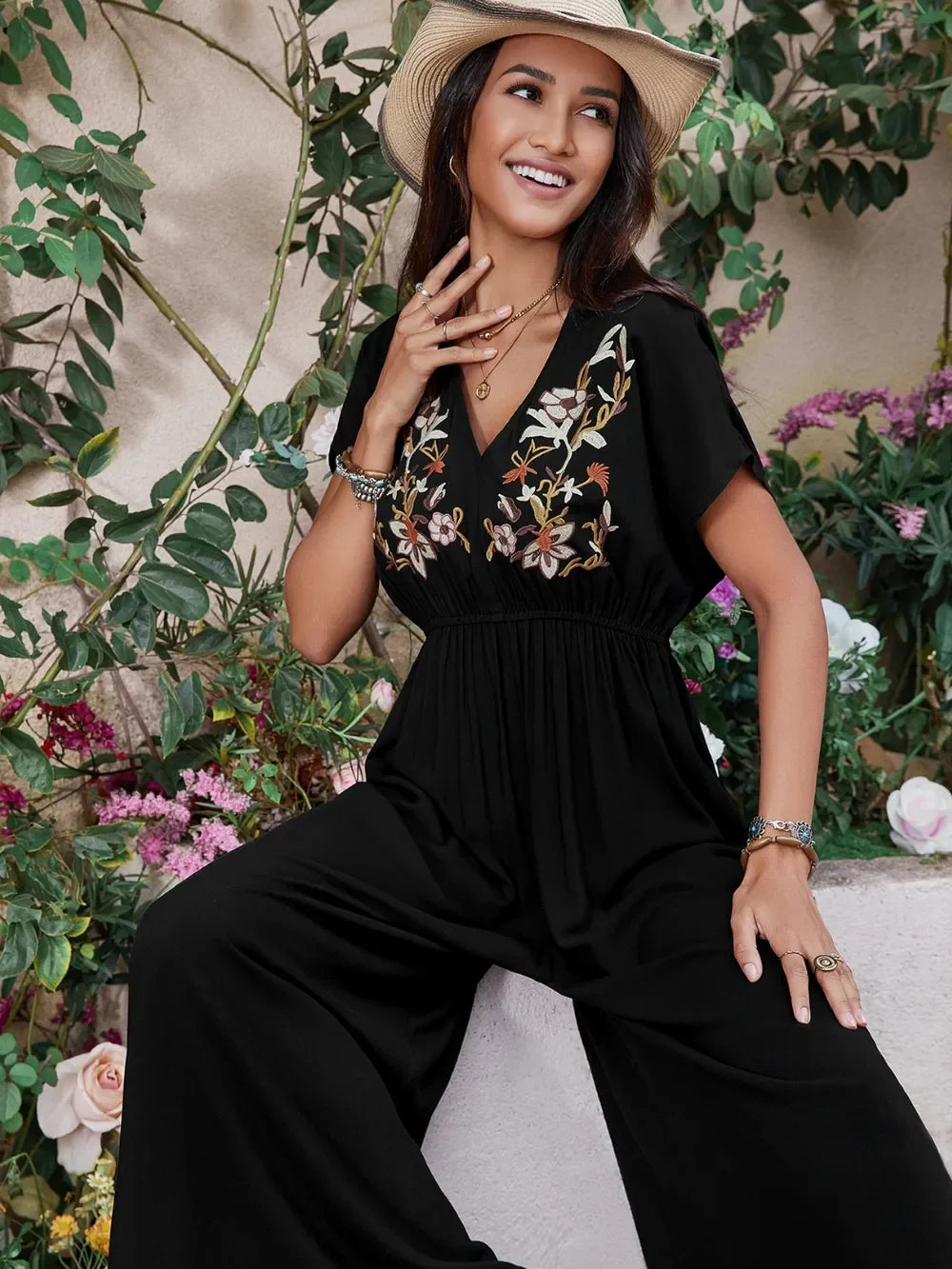 Embroidered Ruched Short Sleeve Jumpsuit - Southern Shores Clothing