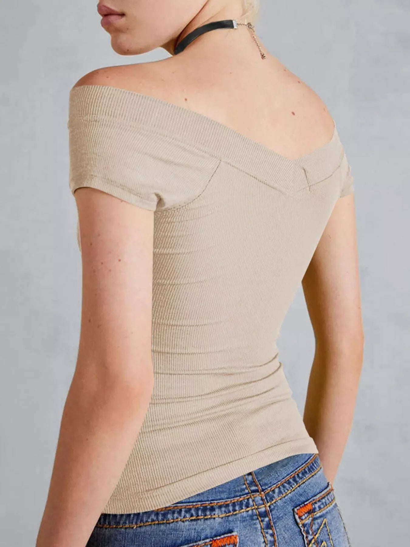Ribbed V-Neck Cap Sleeve Fitted T-Shirt - Southern Shores Clothing