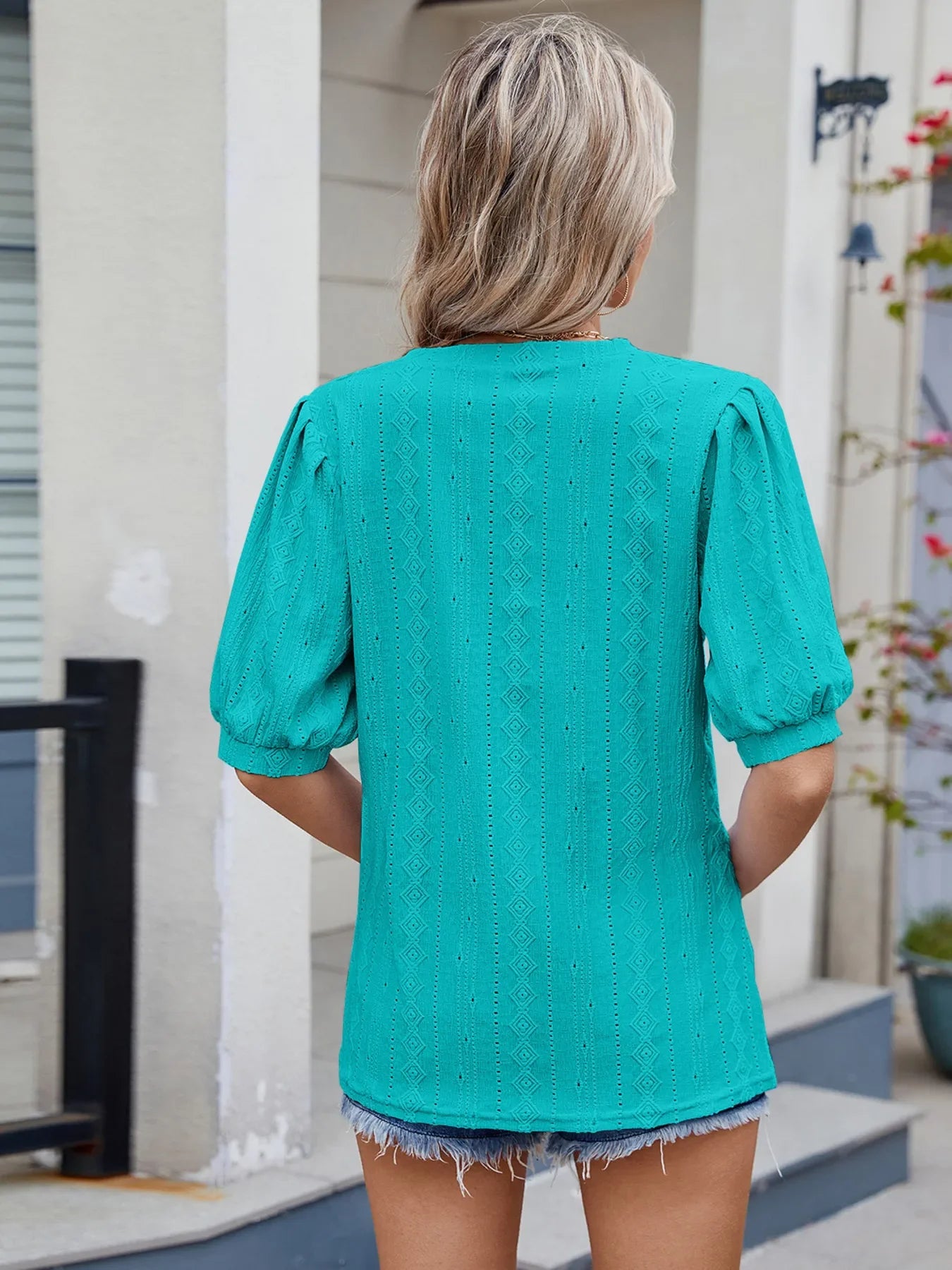 Spade Eyelet V-Neck Puff Sleeve Rayon Top - Southern Shores Clothing