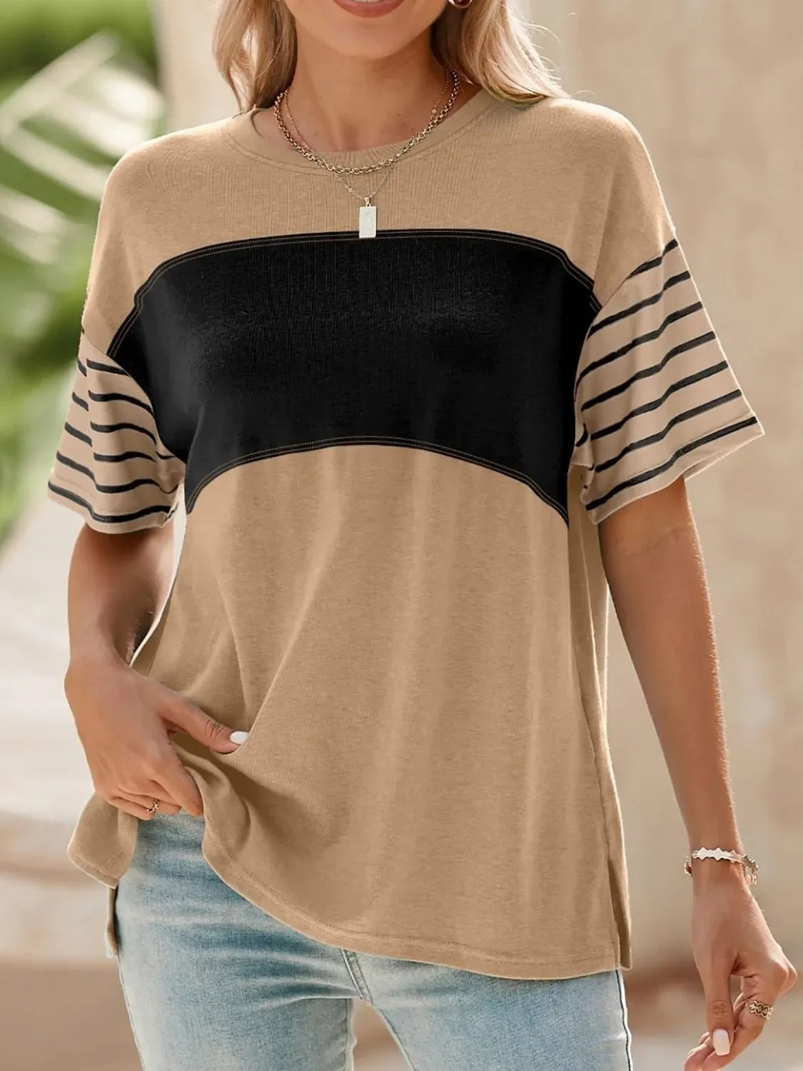 Block Striped Sleeve T Shirt With Lightweight Fabric - Southern Shores Clothing