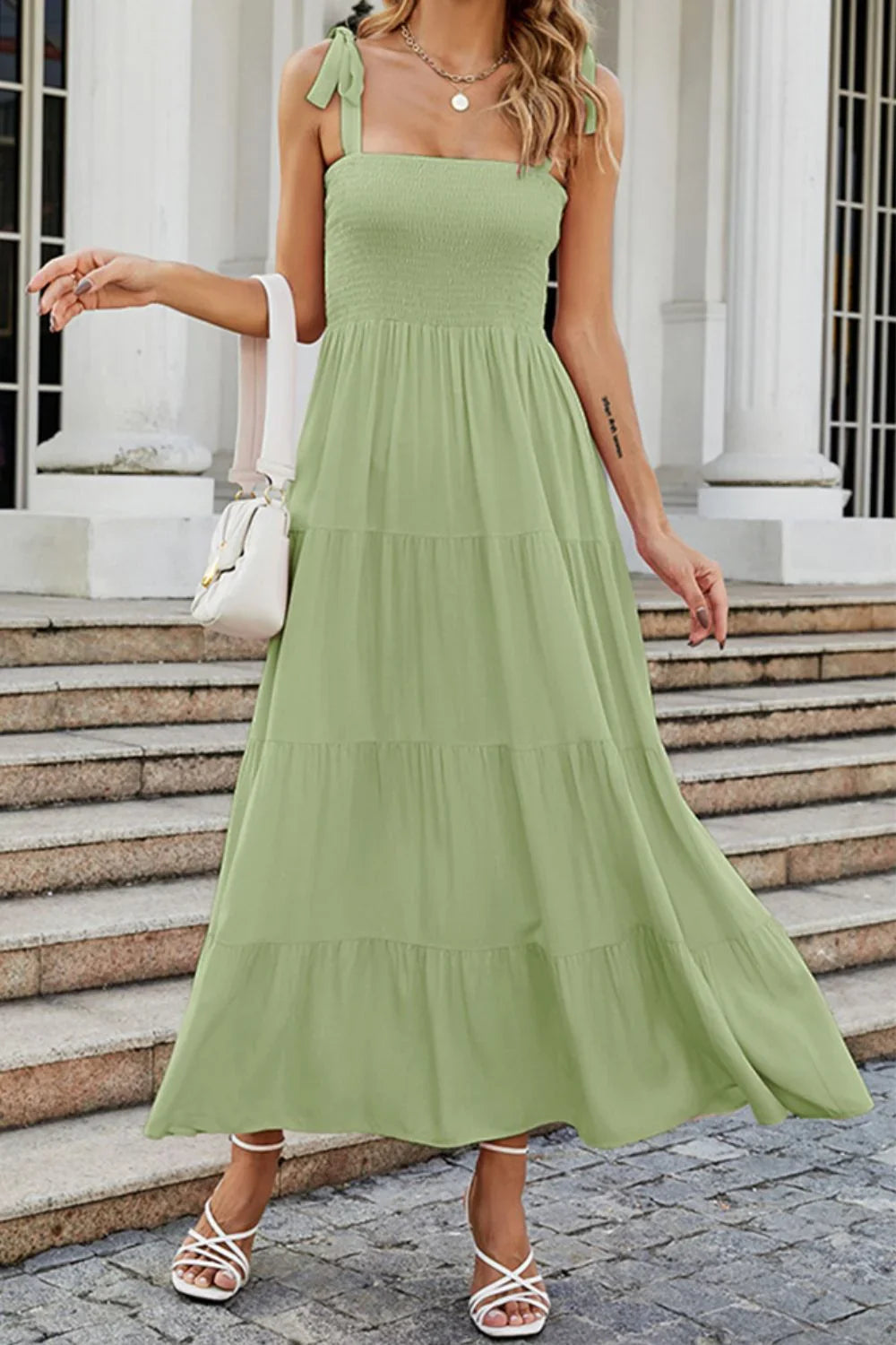 Tie Shoulder Smocked Tiered Maxi Dress Casual - Southern Shores Clothing