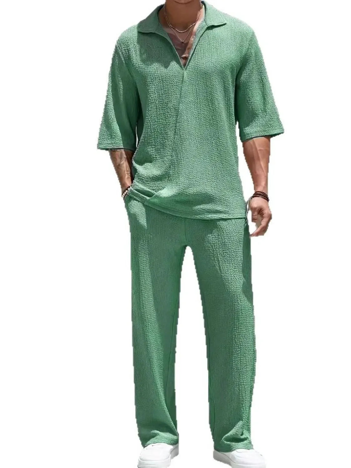 Men's Johnny Collar Half Sleeve Top and Pants Set - Southern Shores Clothing