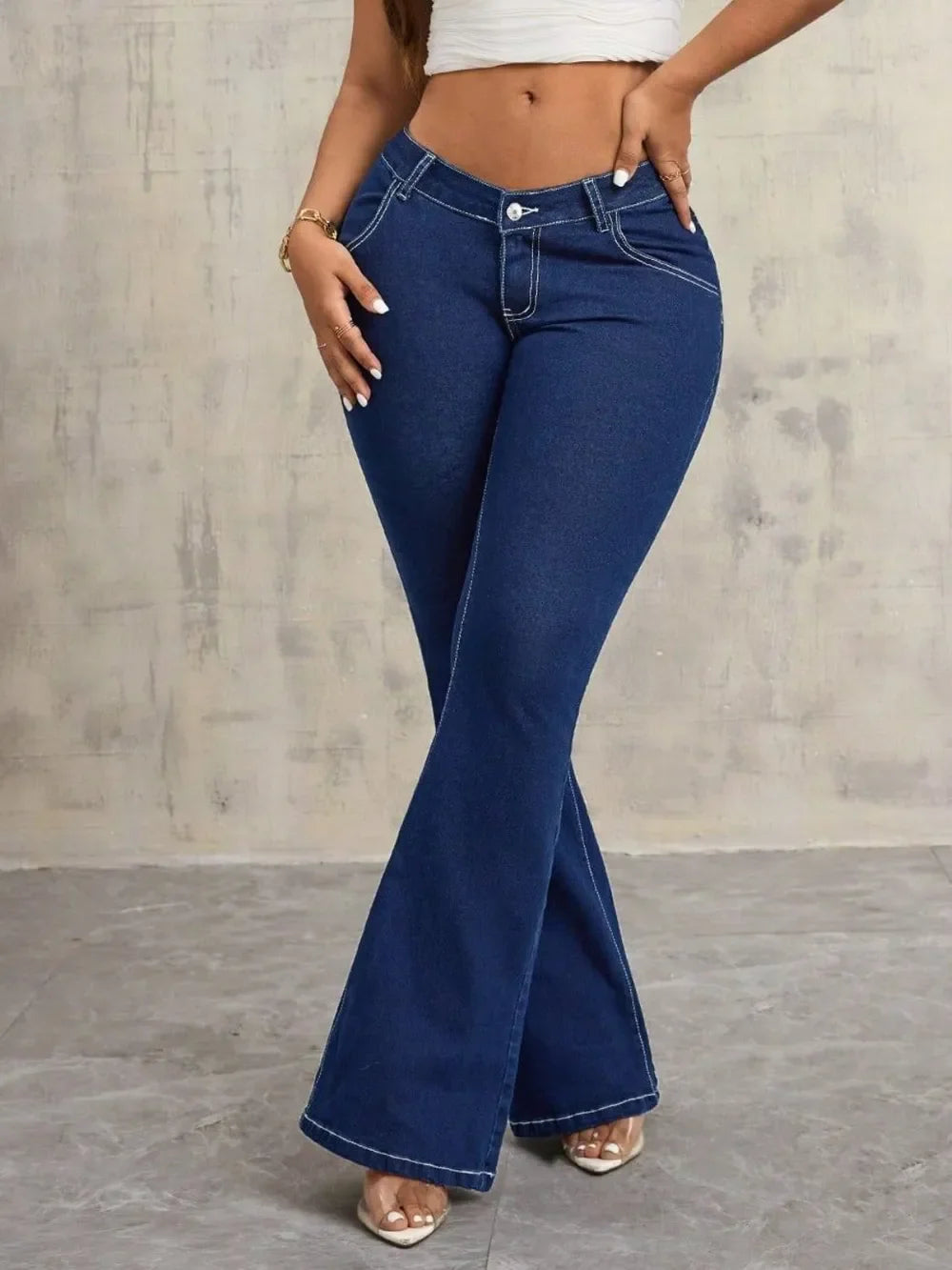 Denim Flare Jeans With Pockets Button Detail - Southern Shores Clothing