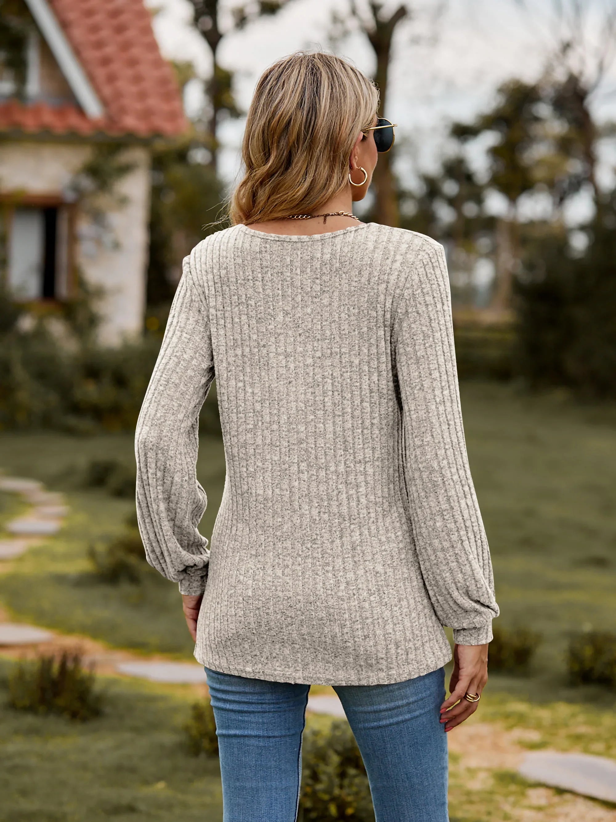 Stretchy Heathered Round Neck Button-Down Long Sleeve Tee - Southern Shores Clothing