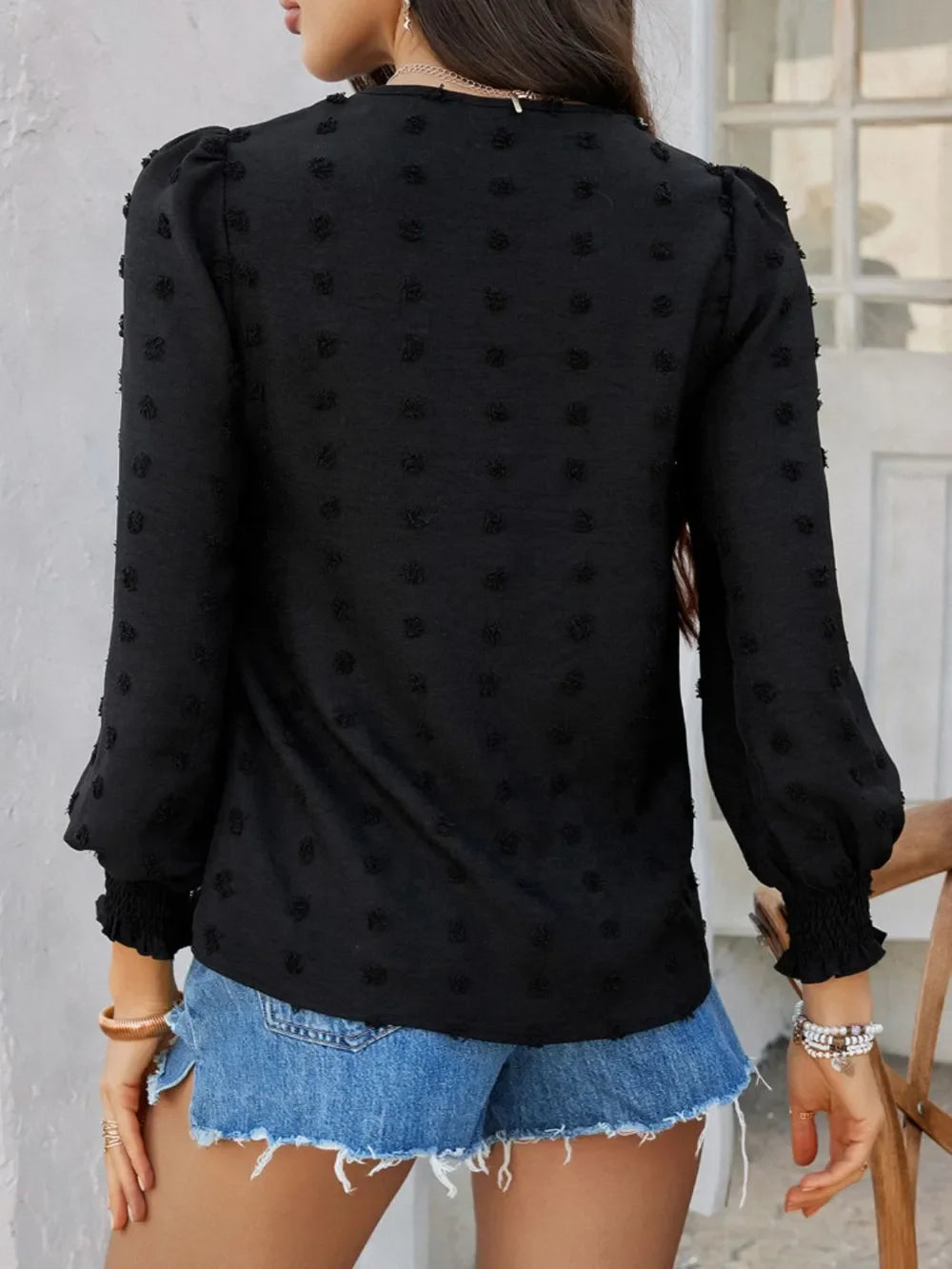 Swiss Dot Lace Detail V-Neck Long Sleeve Blouse - Southern Shores Clothing
