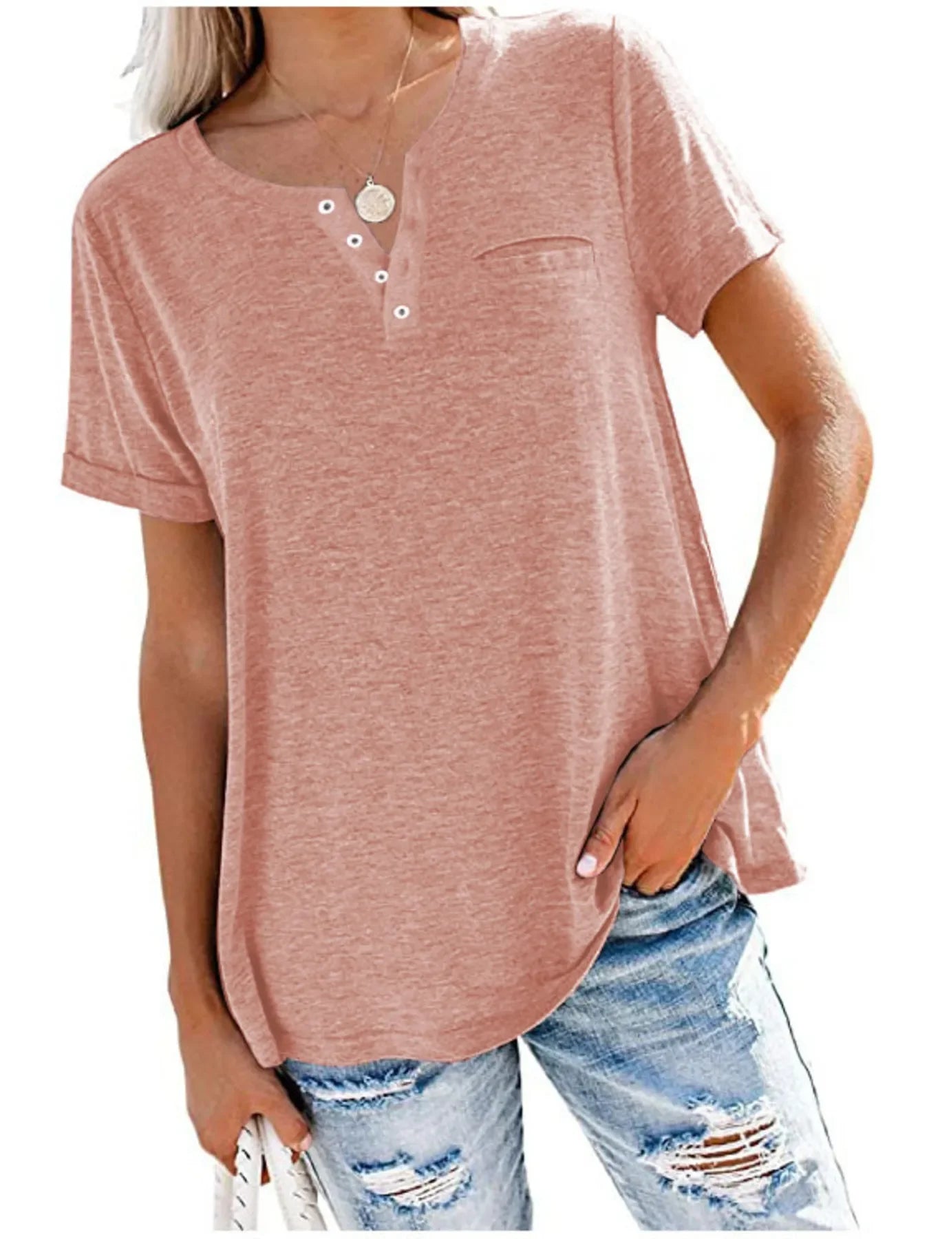 Notched Short Sleeve Plus Size T Shirt Casual Wear - Southern Shores Clothing